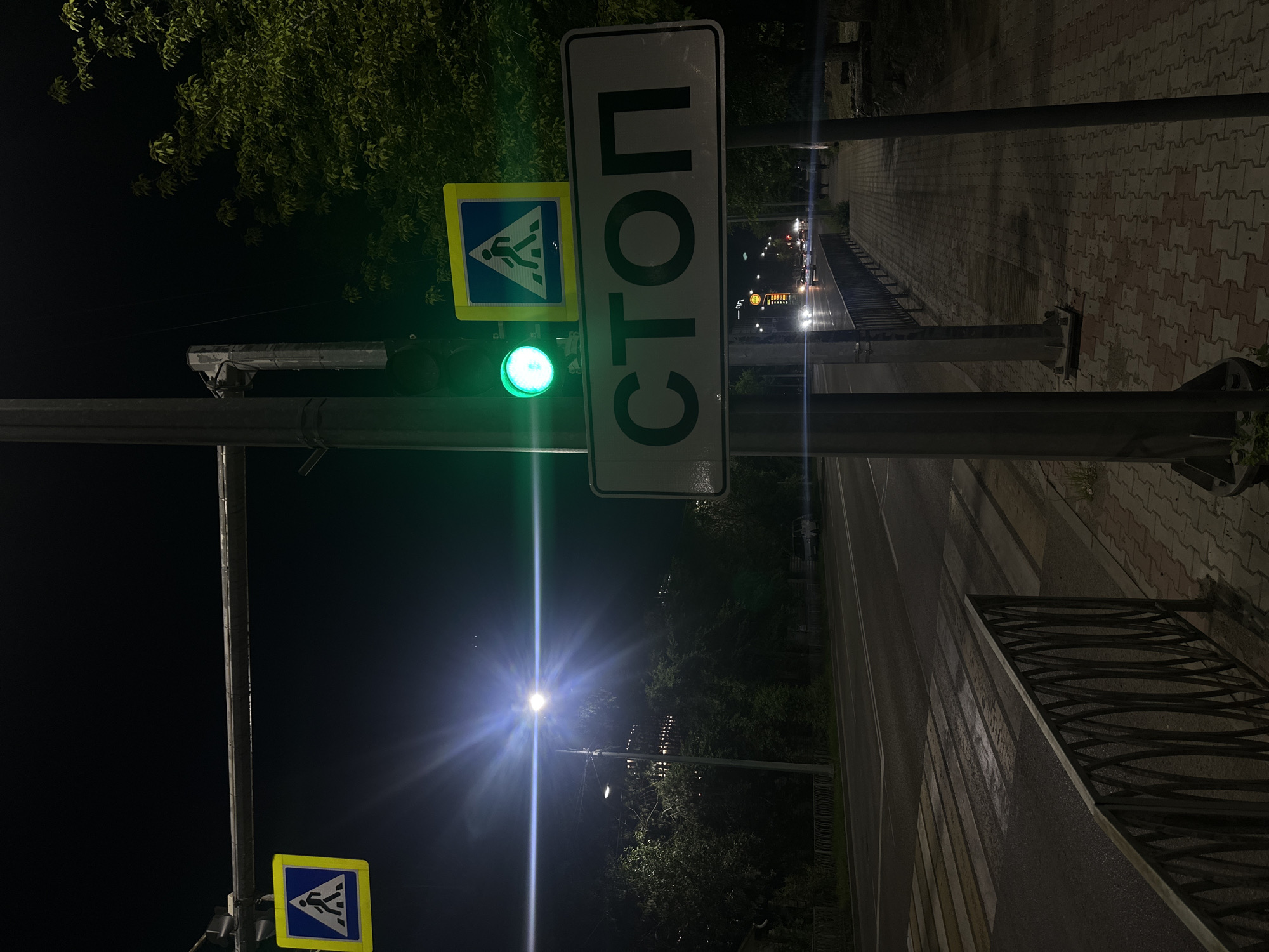 The image depicts a street scene at night in Blagoveshchensk, Russia. A pedestrian crossing is visible on the left, with a traffic light showing a green signal above it. To the right of the pedestrian crossing sign, a "STOP" sign is mounted on a pole. The sidewalk is paved with brick-like tiles, and a metal railing runs along the edge of the road. Trees and streetlights line the street, casting light and shadows on the scene. Several cars are visible on the road in the distance, their headlights illuminating the night. The sky is dark, indicating nighttime.