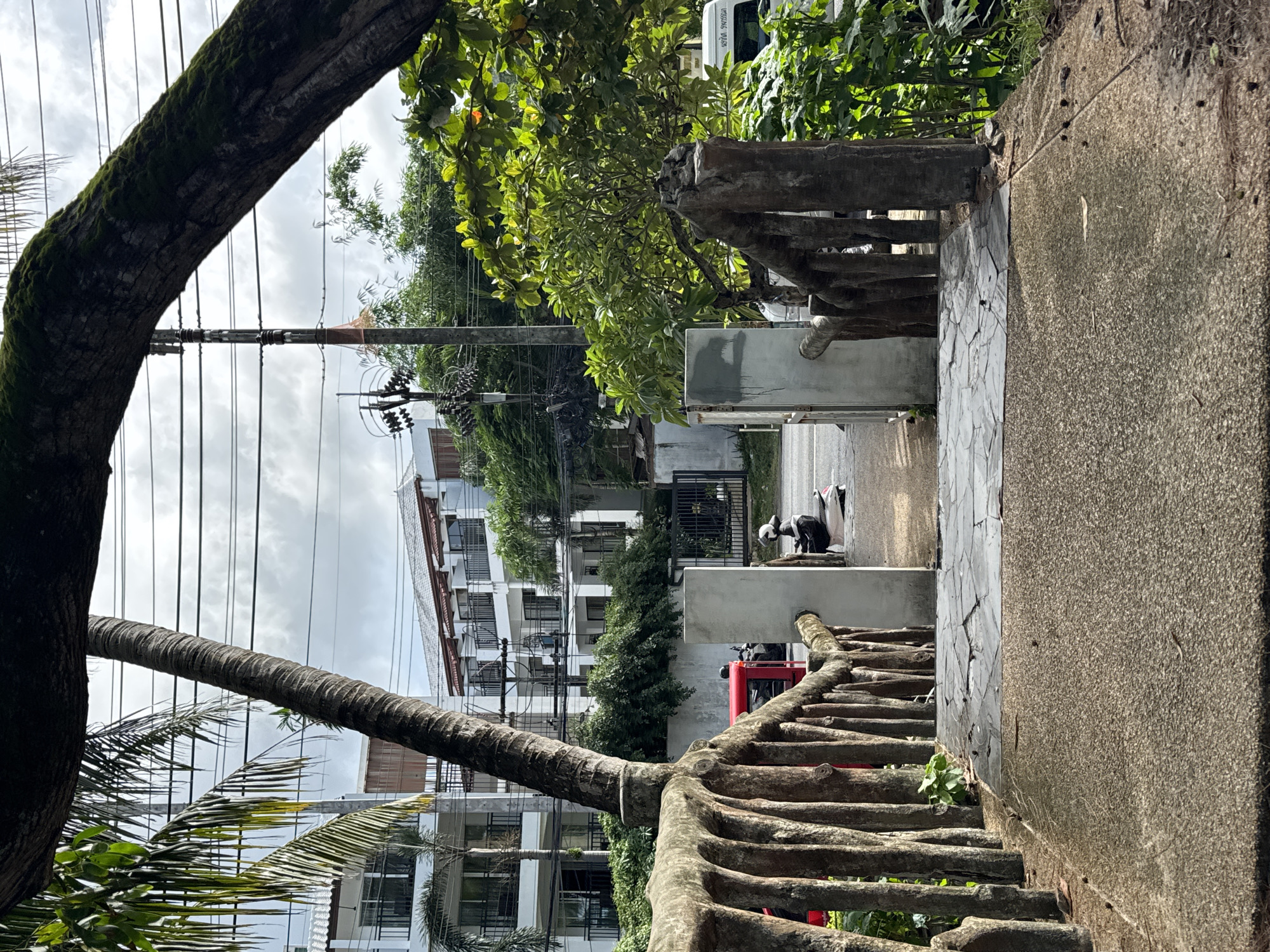 This image depicts a pathway leading towards a street in Karon, Thailand. In the foreground, a textured concrete path transitions to a section of irregularly shaped stone tiles. A rustic railing made of what appears to be natural wood or concrete sculpted to resemble wood flanks the pathway. Beyond the railing, a paved street is visible with a white van and a red vehicle. On the street, a person is seated on a scooter, wearing a helmet. To the left, a modern, multi-story building with white facades and balconies is visible behind palm trees. To the right, lush green foliage and trees partially obscure another building. Power lines and utility poles are prominent in the background against a cloudy sky. The scene suggests a tropical urban environment with a blend of natural elements and modern infrastructure.