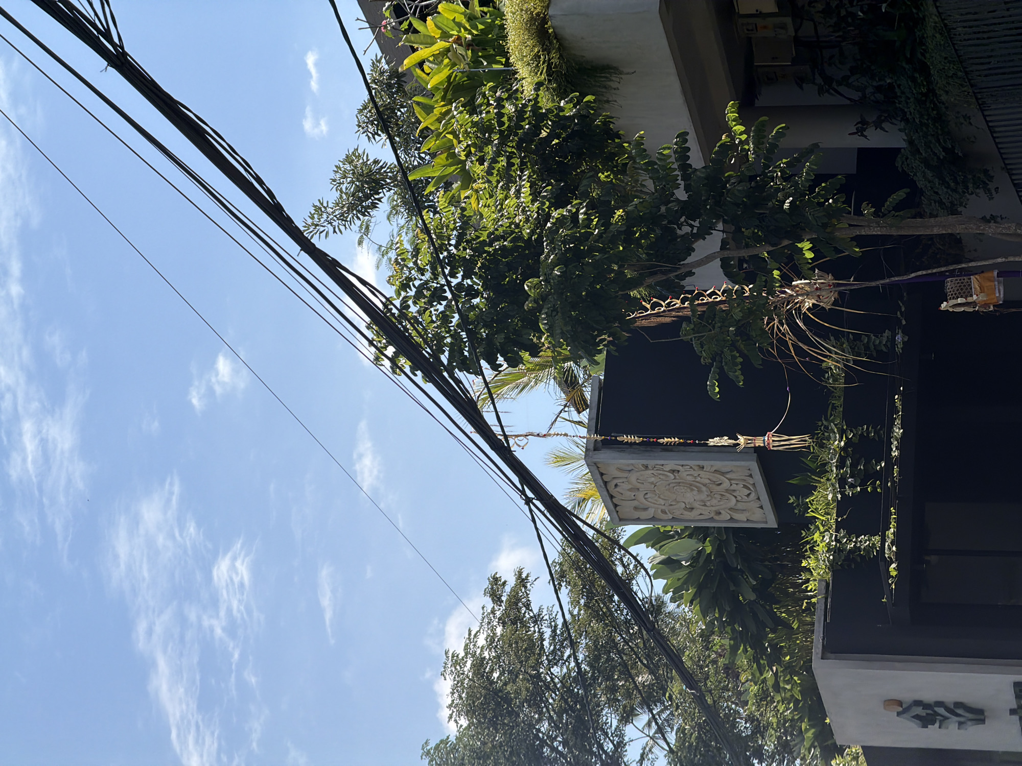 The image depicts a street scene in Ubud District, Indonesia, characterized by a tangle of overhead electrical wires against a bright blue sky with scattered white clouds. Lush green foliage from trees and plants spills over the edges of a modern building structure. The building itself is dark-colored, with a lighter-colored concrete section featuring an embossed decorative motif and a stylized logo. A decorative string of beads and ornaments hangs from the wires, adding a touch of cultural detail. The overall impression is one of a tropical urban environment where nature and infrastructure coexist.