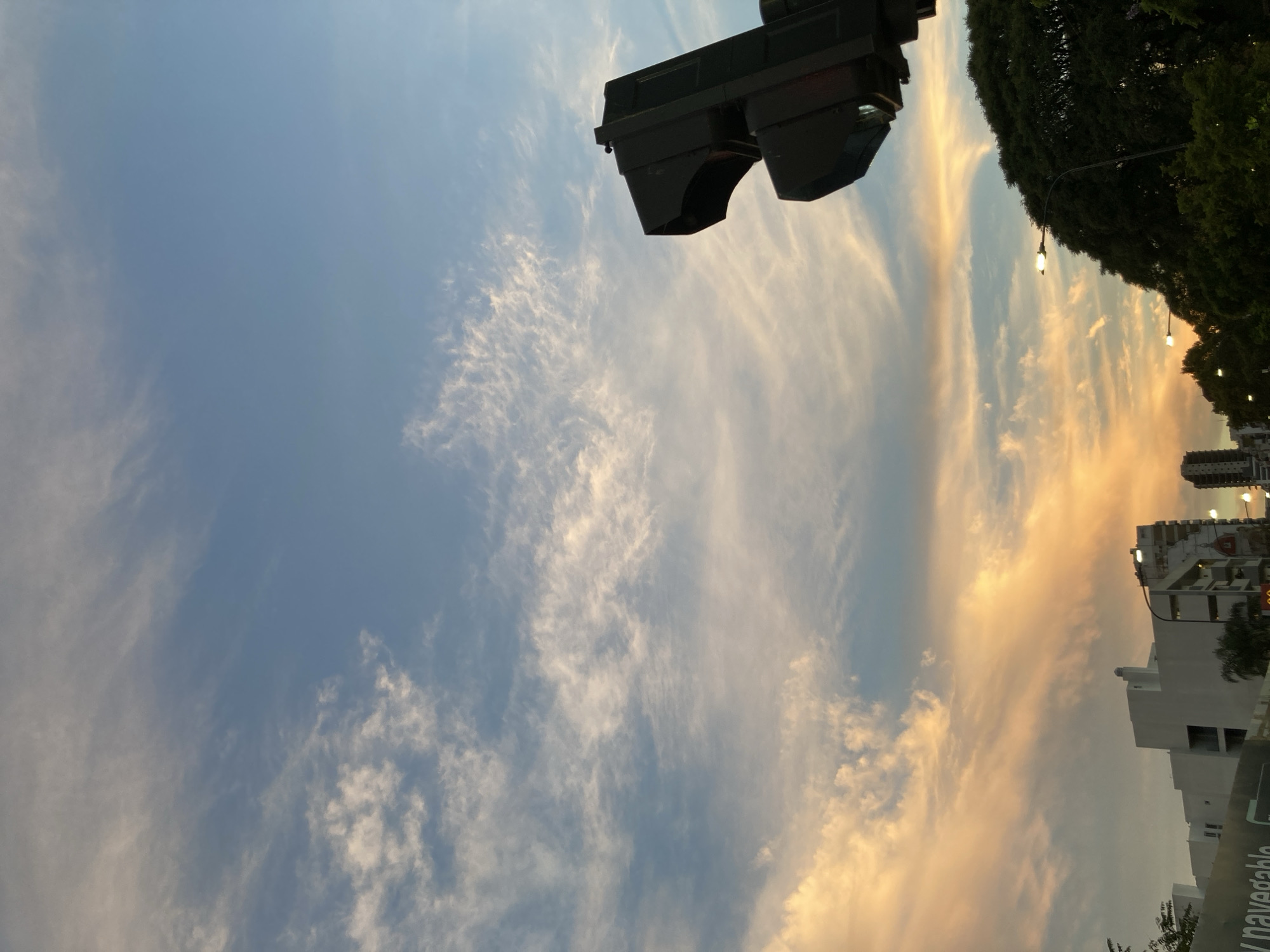 The image shows a view towards the sky, a building, trees, a street light, and what seems to be a traffic light. The location is in the city of Buenos Aires, Argentina.
The sky displays a gradient of colors, predominantly blue and white, with streaks of yellow near the horizon, indicating the sun is rising or setting. The clouds are streaky, cirrus-like.
Below the sky, a building is visible, appearing to be multistoried with white exterior.
A row of trees is seen to the right of the building. They appear to be densely foliaged.
The street light is placed amid the trees.
A traffic light is to the upper left of the image.