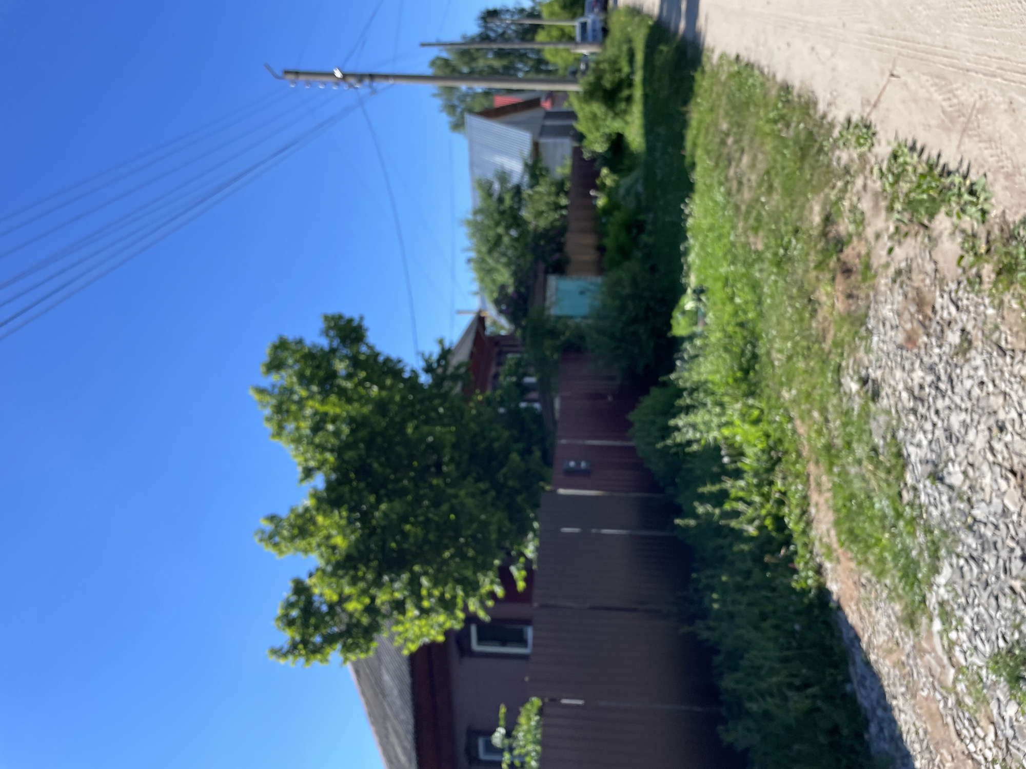 The image depicts a street scene in Krasnye Baki, Russia, under a clear blue sky. A dirt and gravel road runs along the right side of the frame, with tire tracks visible. On the left side of the road, a brown wooden fence encloses a property with a dark-colored house visible behind it, featuring dark roofing and windows with white frames. A large, leafy green tree grows in front of the house, partially obscuring it. Beyond this house, other residential structures with light-colored roofs and some trees are visible. Telephone poles and overhead wires run parallel to the road. The foreground shows overgrown grass and weeds, with some scattered gravel. In the background, several vehicles are parked along the road. The overall impression is a rural or semi-rural residential area on a sunny day.