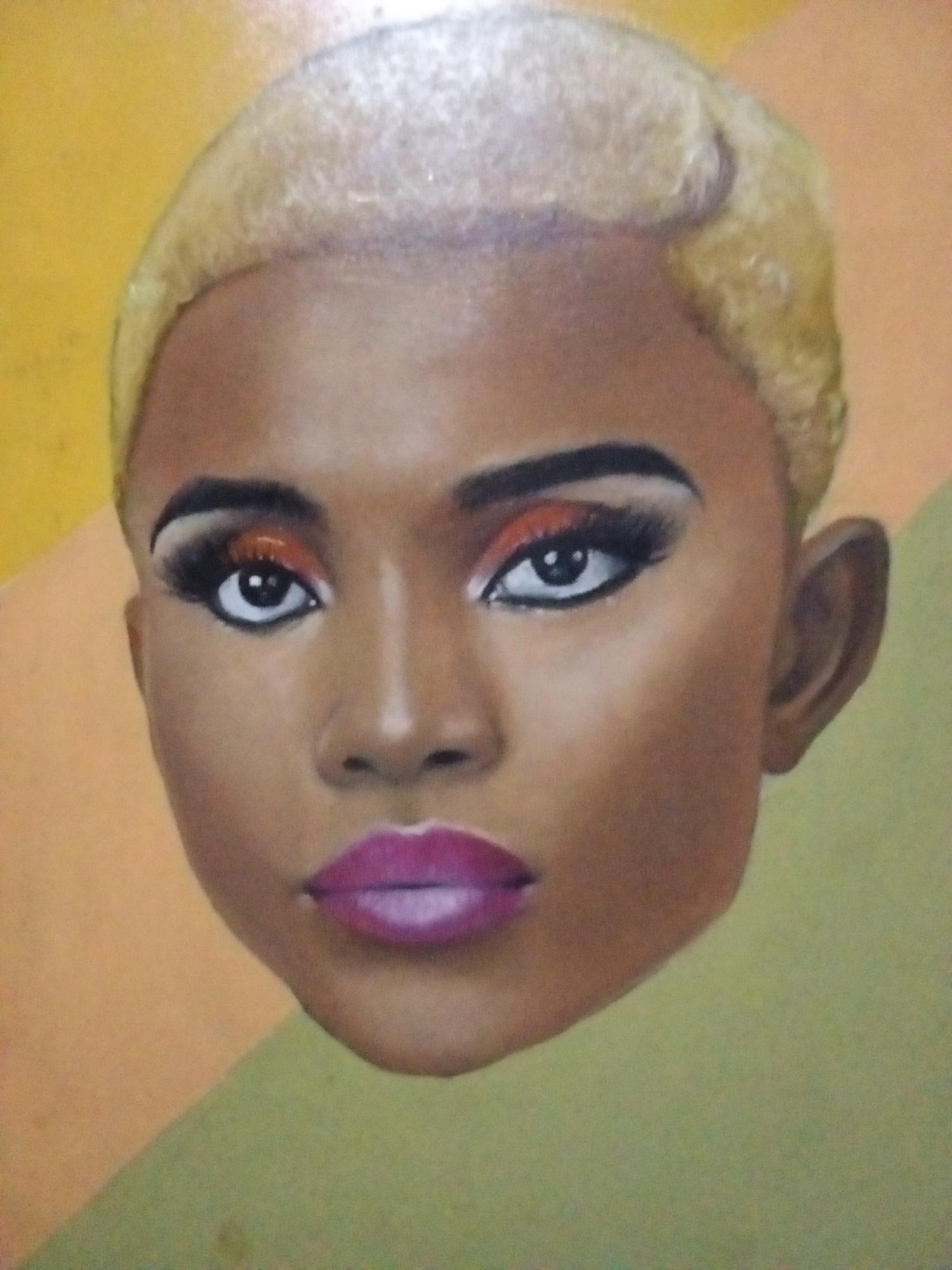 A portrait painting depicts a woman with short, blonde hair, fair complexion, and wearing heavy makeup including dark eyeliner, orange eyeshadow, and pink lipstick. The background is a mottled mix of yellow, orange, and green hues. Location: Ado, Nigeria.