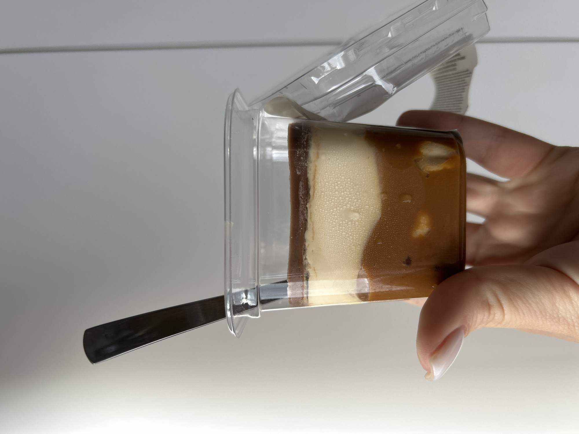 A hand holds a plastic container with a dessert inside. The dessert appears to be layered with different shades of brown and a lighter, cream-colored layer. A metal spoon rests on the edge of the container. The background is a plain, light grey surface. The location is not identifiable as Chaikovsky, Russia based on the image.