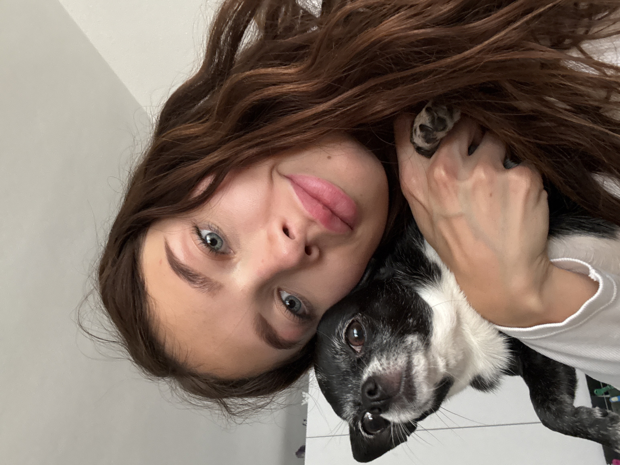 A woman with long brown wavy hair is holding a black and white dog close to her face. The woman has light skin, blue eyes, and pink lips. She is looking directly at the camera. The dog is a small breed, possibly a Chihuahua mix, with a white chest and muzzle. One of the dog's paws is visible near the woman's hair. The background is a plain white wall, suggesting an indoor setting. Given the prompt of "Ramat Gan, Israel," it can be inferred that this scene is possibly taking place in a private residence in that city.