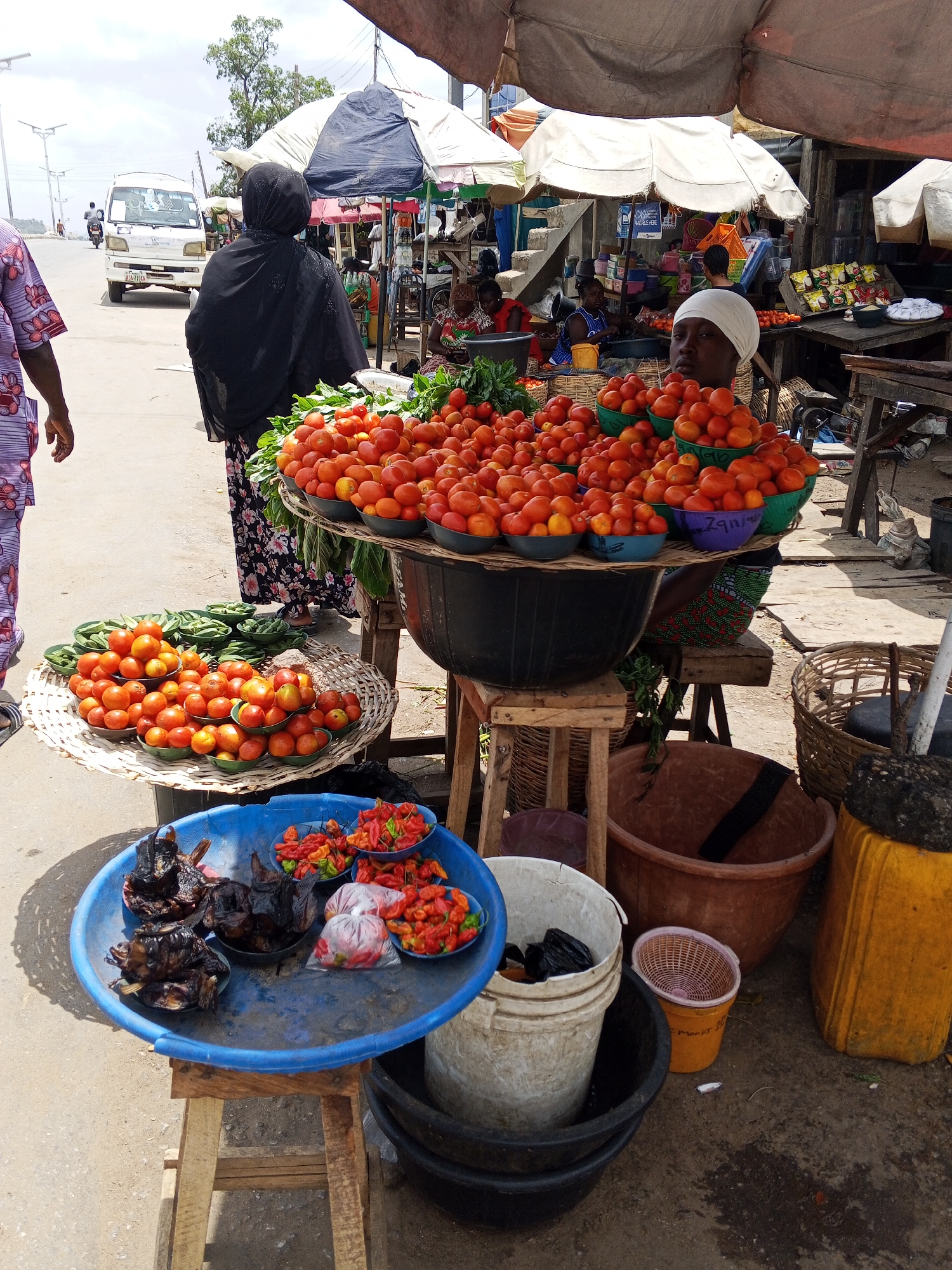 The image captures a bustling roadside market scene in Zango-ndaji, Nigeria. A vendor sits behind a large display of tomatoes, neatly arranged in bowls and baskets on elevated surfaces. A woman in a dark cloak stands in front of the tomato display, possibly a customer. Another person, wearing a patterned shirt, is partially visible on the left edge. To the front of the tomato display, there's a blue plastic tray filled with smoked fish and colorful chili peppers. Various buckets and containers surround the sales area. In the background, there are multiple stalls with other vendors, covered by umbrellas, suggesting a busy marketplace. A white van is visible on the road in the distance, indicating vehicular traffic. The ground is paved but appears worn. The lighting suggests it's daytime.