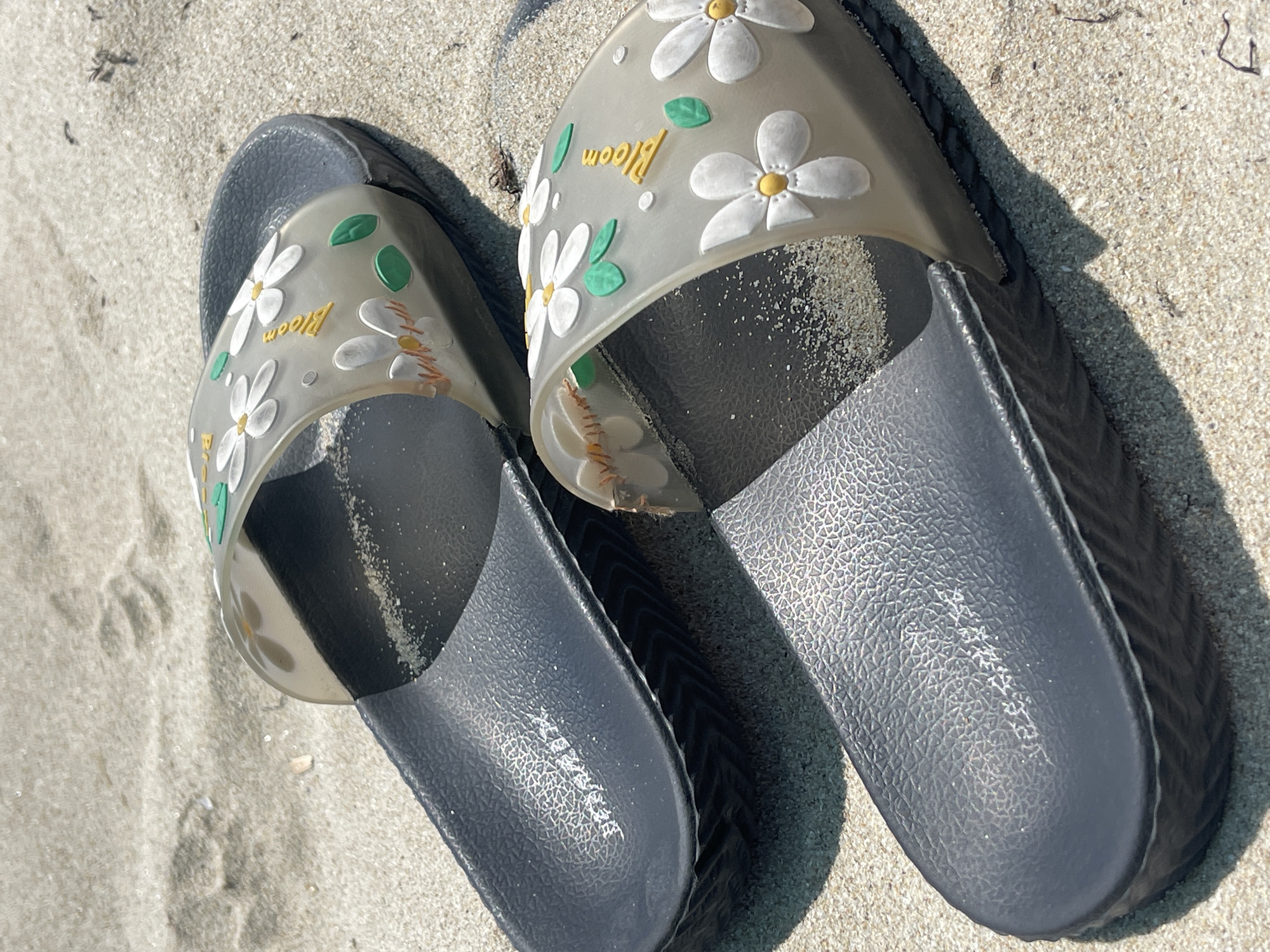 Two dark gray slide sandals with clear straps are resting on a sandy beach. The clear straps are adorned with white daisy-like flowers with yellow centers, green leaves, and the word "Bloom" in yellow lettering. The sandals appear to be new or well-maintained, with no visible wear or damage. The sand is light brown and coarse, with a few scattered dark specks, possibly seaweed or debris. The lighting suggests it is daytime, with the sun casting subtle shadows. The scene is set on a beach in Kranevo, Bulgaria.