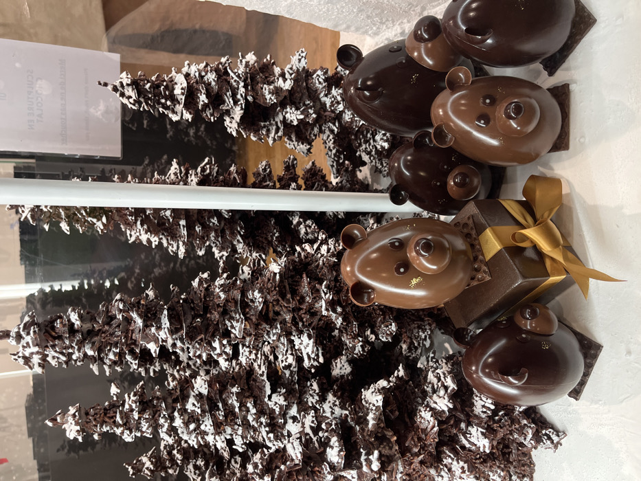 Chocolate Christmas trees dusted with white powder stand alongside an assortment of chocolate bears. The bears vary in shade, with some dark chocolate and others milk chocolate. One bear sits beside a chocolate present tied with a golden ribbon. The objects are displayed in a retail setting, possibly a bakery or chocolate shop.