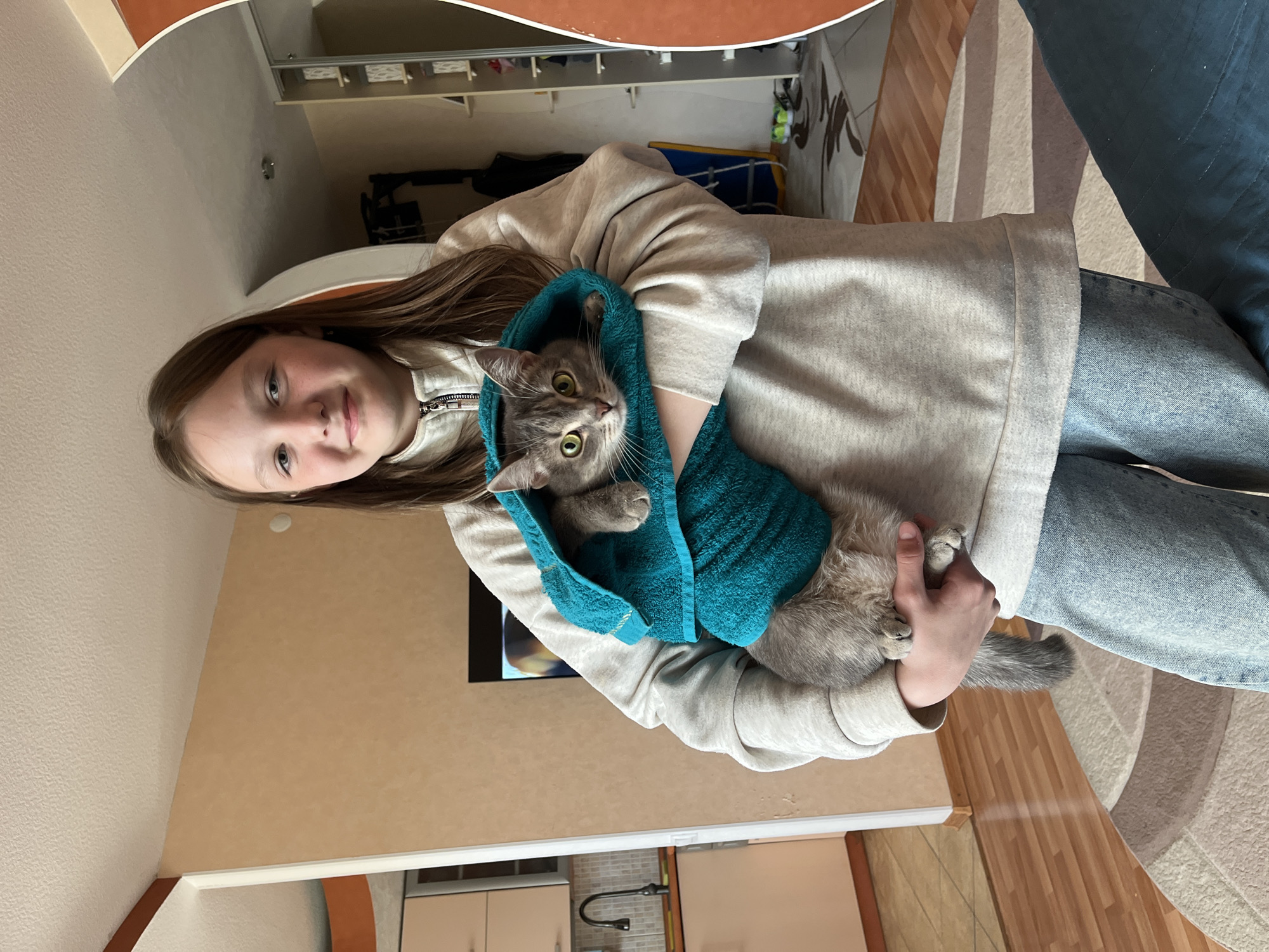 A girl with long brown hair holds a gray tabby cat wrapped in a turquoise towel. The girl wears a light-colored sweatshirt and blue jeans. The photo appears to be taken indoors in a home, with a kitchen visible in the background, featuring light-colored cabinets and a modern faucet. A television is mounted on the wall. The location may be Chaikovsky, Russia, based on the prompt. The girl is looking at the camera.
