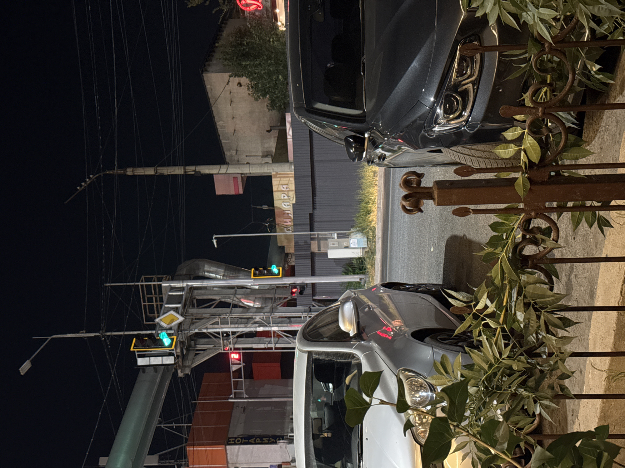 The image depicts an outdoor scene at night in the city of Shymkent, Kazakhstan, near a traffic intersection. Two cars are parked on the street, one silver sedan in the foreground on the left and a dark gray sedan to its right. In the background, traffic lights are visible, with one showing a green light and another red. Structures such as buildings, utility poles, and a large overhead metal structure supporting the traffic lights are also present. The scene is illuminated by artificial lights, creating reflections on the cars and surrounding surfaces. Vegetation, including leafy branches, is in the foreground, partially obscuring the view of the silver car. The overall environment suggests an urban setting at nighttime.