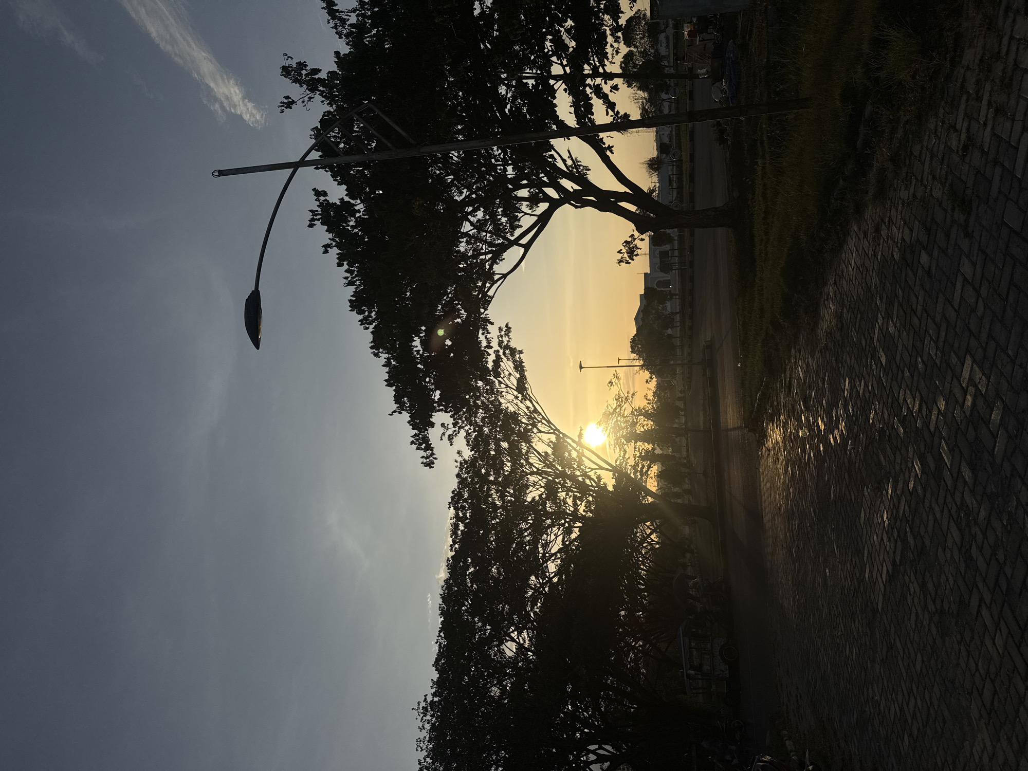 The image captures a sunset scene at a paved walkway in Meureudu, Indonesia. The sun is low on the horizon, casting a warm glow and creating a silhouette of two large trees in the foreground. A streetlamp is visible on the right side of the image. The walkway is made of dark, rectangular bricks, reflecting the sunlight. In the background, there are more trees, buildings, and a street. A few vehicles, including a small cart or tuk-tuk, are parked on the side of the road. The sky is a gradient of blue and orange, with wispy clouds. The overall impression is one of a peaceful evening in an outdoor setting.