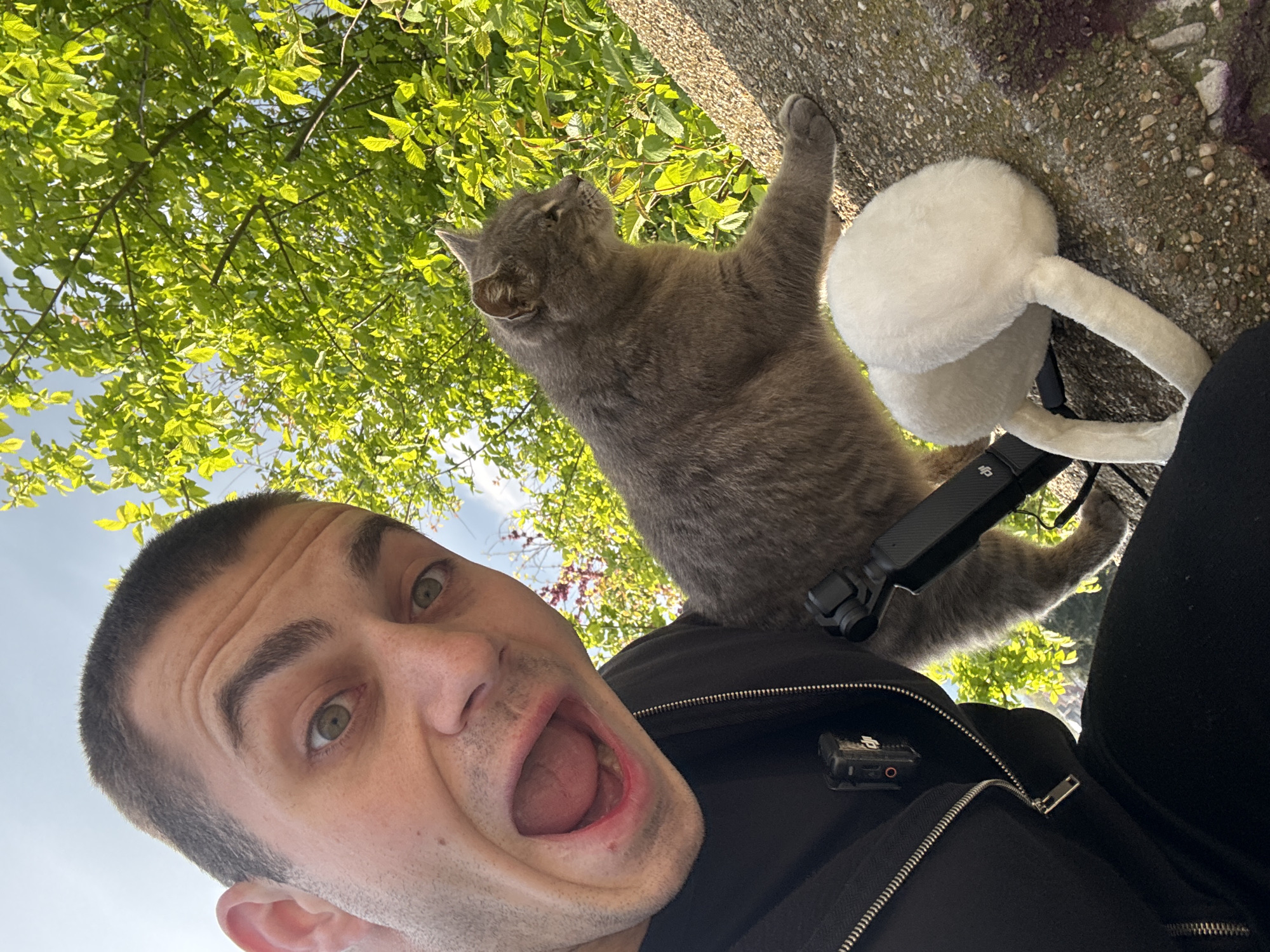 A low-angle selfie shows a fair-skinned man with short, dark hair, a wide open mouth, and wide eyes. He is wearing a dark jacket. A grey cat is perched on his shoulder, with its paw on a light-colored concrete surface that appears to be a wall or ledge. A pair of white earmuffs are also on the concrete. Green leaves and branches are visible in the background, suggesting an outdoor setting. A small electronic device is attached to the man's jacket near the zipper. The city is Unknown, Unknown.