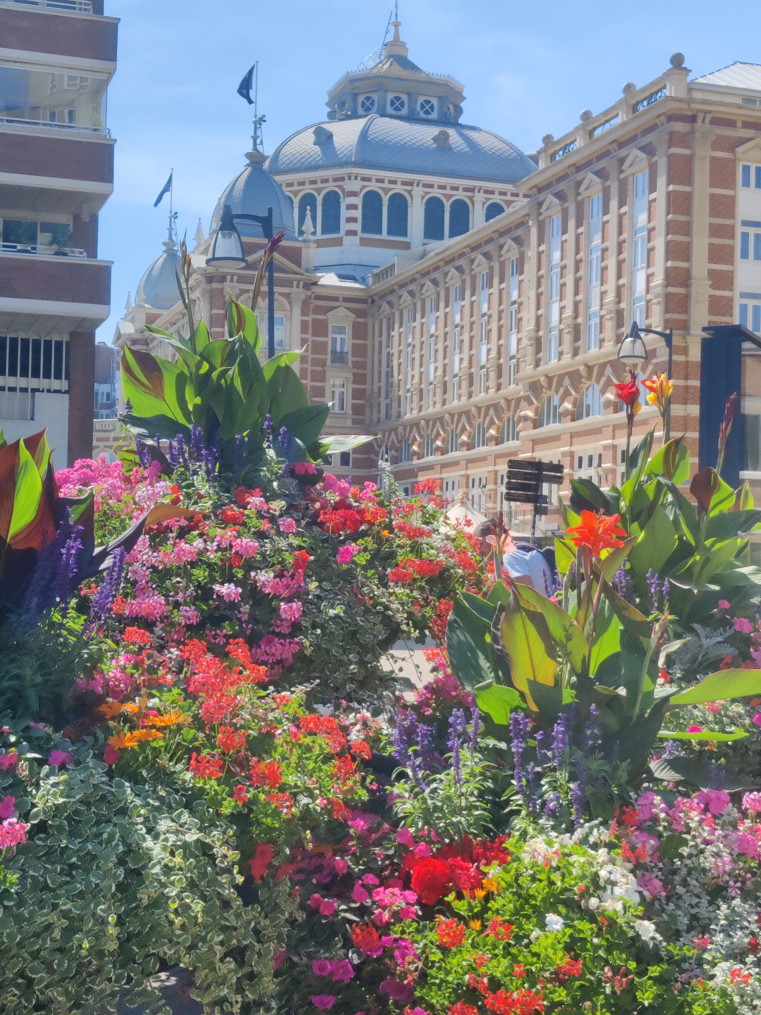 A bright, sunny day is depicted in this image taken in front of the Kurhaus Hotel in The Hague, Netherlands. The foreground is filled with a vibrant display of colorful flowers, including pinks, reds, purples, and oranges. Large green leaves are interspersed throughout the floral arrangement. Behind the flowers, the distinctive architecture of the Kurhaus Hotel is visible, characterized by its ornate brickwork, arched windows, and domed roof. Two flags are flown from the hotel's spires, and a streetlamp stands near the flower display. A modern building, likely an apartment complex, is visible on the left side of the image. The sky is clear and blue.