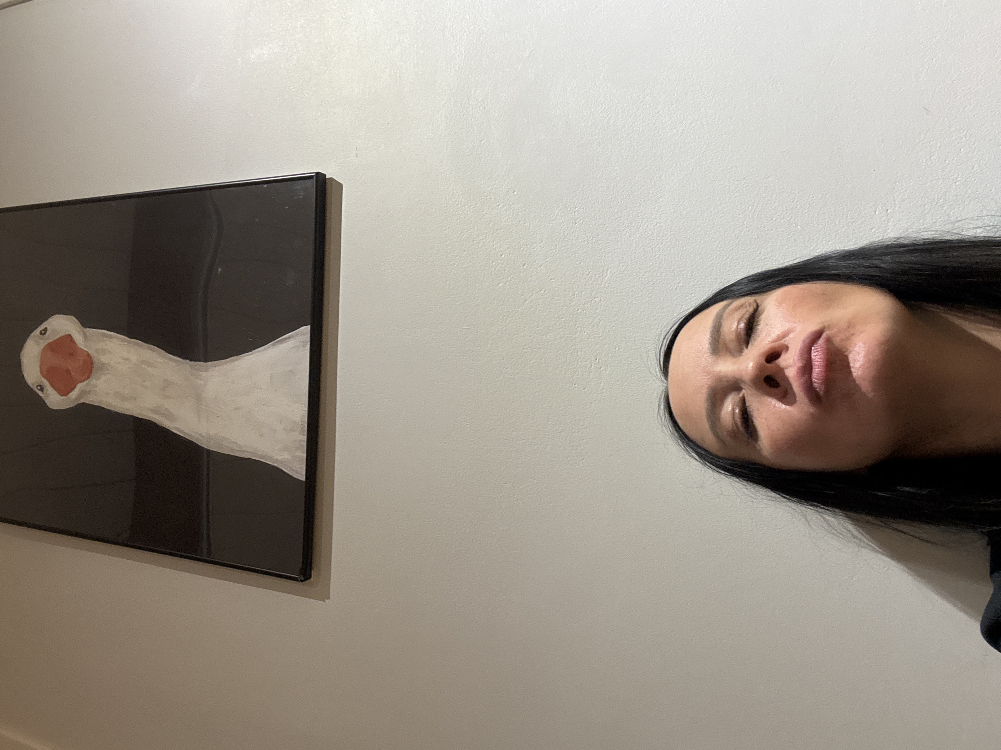 This media file captures an indoor scene, likely in Chaikovsky, Russia, featuring a person and a piece of art. The image is rotated 90 degrees counter-clockwise from a standard upright orientation.
On the left, a framed painting is displayed on a plain, light-colored wall. The artwork depicts a stylized white goose with a large, orange-red beak or snout, set against a dark, possibly black, background. The painting has a minimalist aesthetic, highlighting the goose's long neck and distinct features. The frame is black and thin.
On the right side of the frame, the head and partial shoulders of a woman are visible. She has long, dark hair and her face is angled upwards and slightly to the right. Her eyes are partially closed or looking towards the upper right, and her lips are slightly parted. Her expression appears relaxed or contemplative.
The setting is simple, consisting mainly of the textured light-colored wall. The lighting suggests an indoor environment, possibly illuminated by artificial light or soft diffused daylight. There is no visible text in the image. The composition juxtaposes the artistic depiction of the goose with the intimate portrayal of the woman.