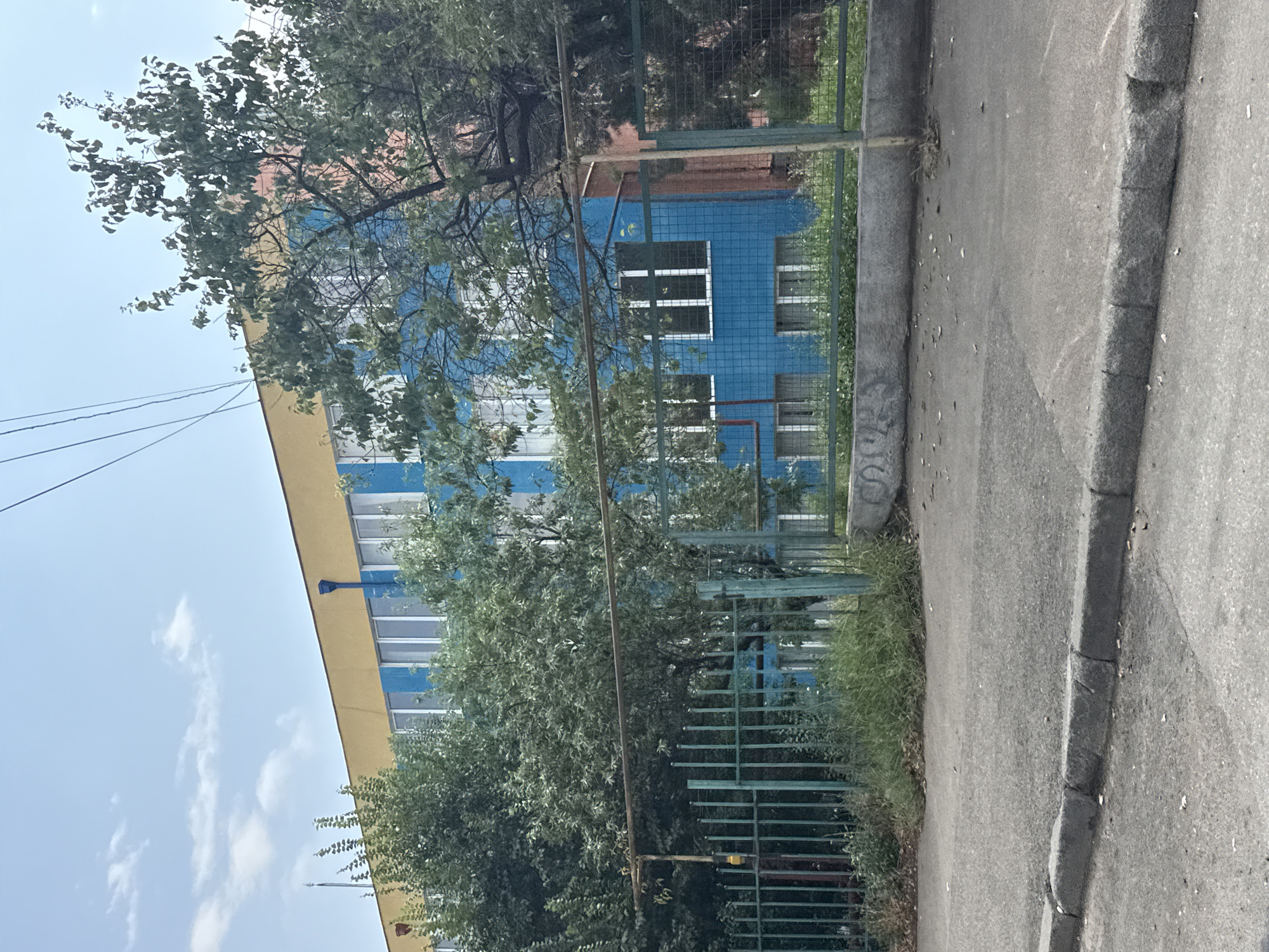 The image shows a multi-story building with a yellow band at the top and blue lower floors. The building has numerous windows with white frames. In front of the building is a green metal fence and a sidewalk. Trees with green foliage are visible in front of the building, partially obscuring it. The sky is cloudy and blue. The scene appears to be on a street in Tbilisi, Georgia, with the building likely being a school or similar institution given its colorful facade and fenced-off area.