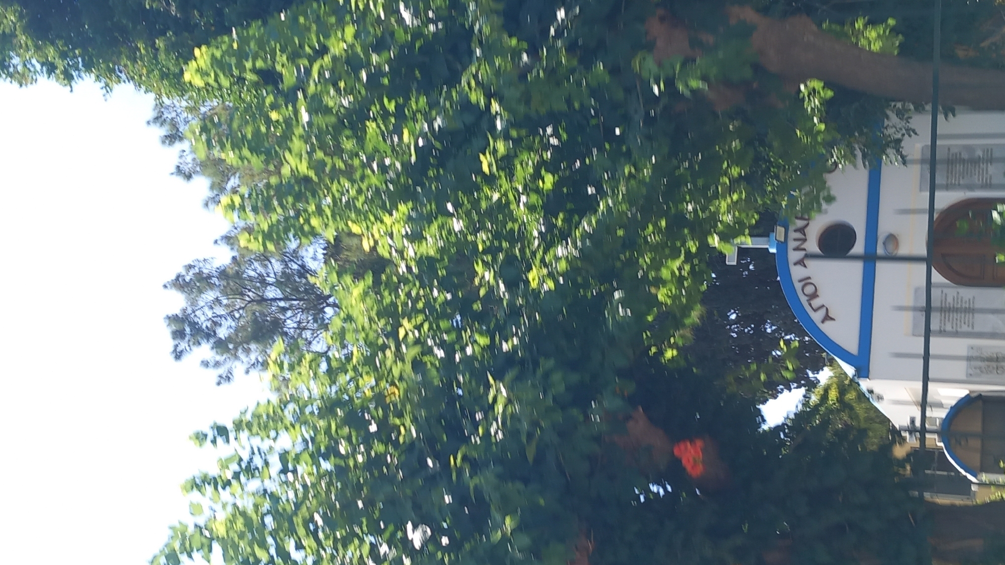 This is a vertical, eye-level, outdoor shot of a small white church with a blue trim and a cross on its roof. The church is partially obscured by lush green trees. The building has an arched roofline, a circular window, and an inscription above it in Greek letters that reads "ΑΓΙΟΙ ΑΝΑ". To the left of the church, a smaller, similarly styled structure with a blue dome is visible. A dark metal fence runs across the foreground, and a wooden door is visible in the center of the church's facade. The sky is bright and hazy. The image is slightly blurred, possibly due to motion. The church is located in the city of Kos, Greece.