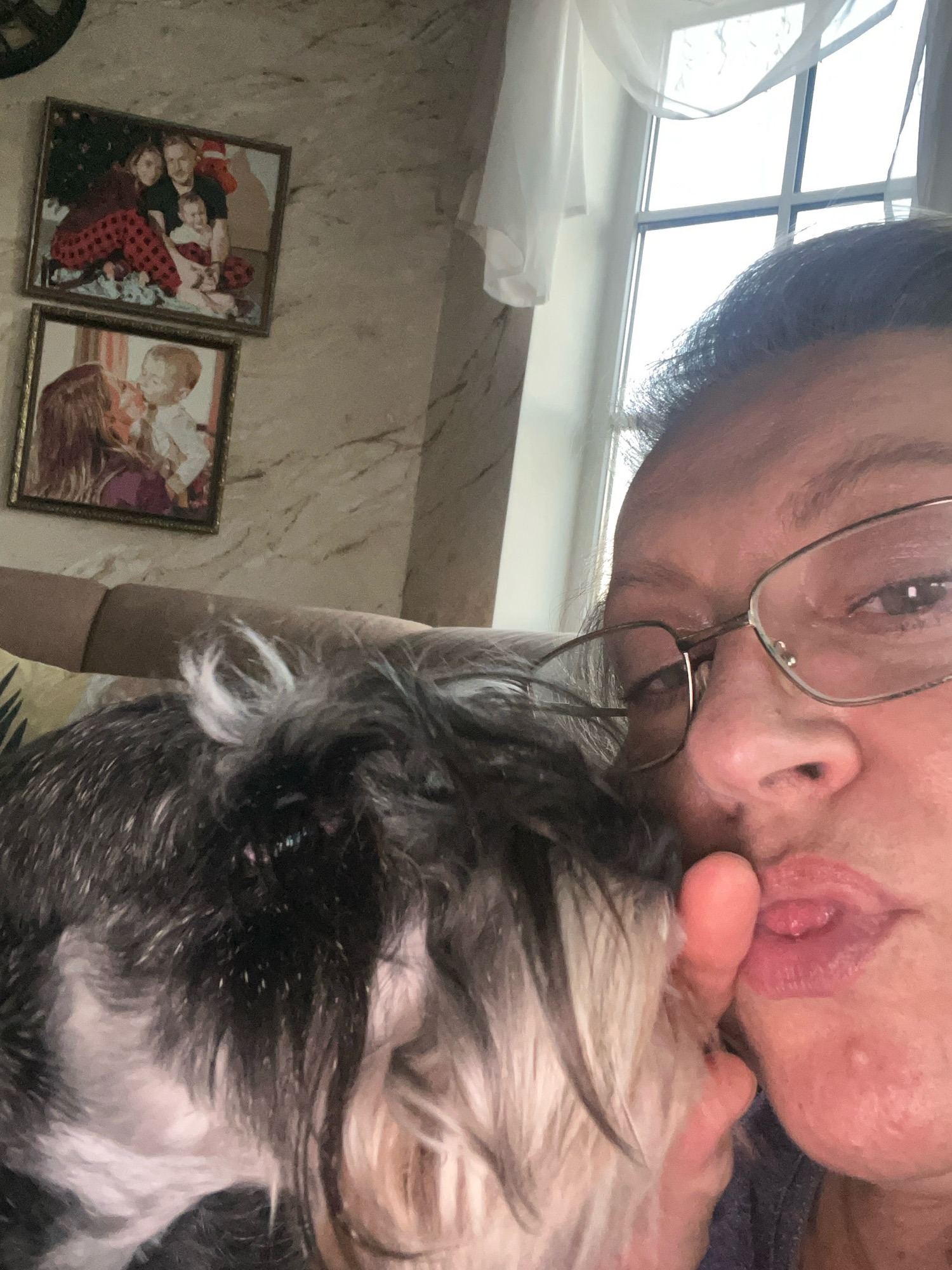 A close-up selfie shows a woman with glasses leaning in to kiss a small, black and white dog. The woman's face is partially obscured by the dog, but her lips are visible and slightly parted. The dog has shaggy fur and is positioned with its head near the woman's mouth. In the background, two framed photographs hang on a textured wall. The photograph on top depicts a family in holiday attire, possibly Christmas, with a decorated tree. The lower photograph shows a woman kissing a child. A window with sheer curtains is visible to the right of the woman. The setting appears to be indoors, suggesting a home environment. The image does not provide any specific location information about Vladimirovka, Russia.