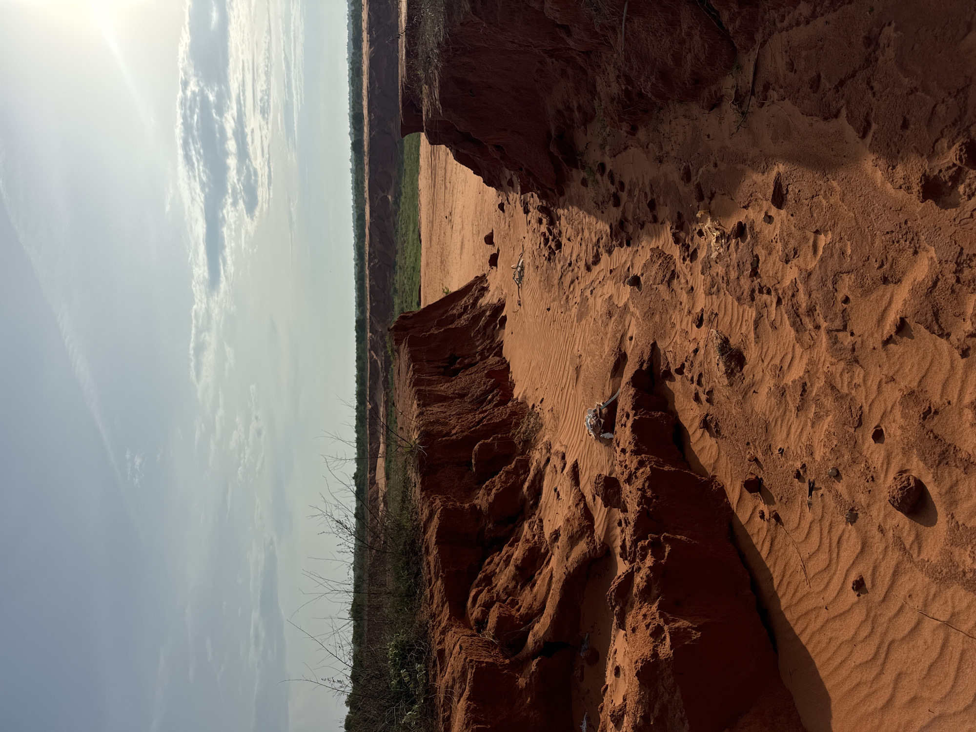 The image shows a dramatic landscape of red sand dunes and eroded gullies in Mui Ne, Vietnam. The foreground is dominated by the textured orange sand, with ripples indicating wind erosion and scattered rocks. On either side, steep, reddish-brown cliffs rise, showcasing the layered geological formations. Sparse, dry vegetation grows along the edges of these cliffs.
In the distance, the landscape opens up to a wider sandy plain, with more eroded features and distant greenery. The sky above is a pale blue with scattered white clouds, and the sun is visible in the upper right corner, casting bright rays. There are no people or animals visible in the image. The scene conveys a sense of arid, natural erosion and the striking colors of the Vietnamese landscape.