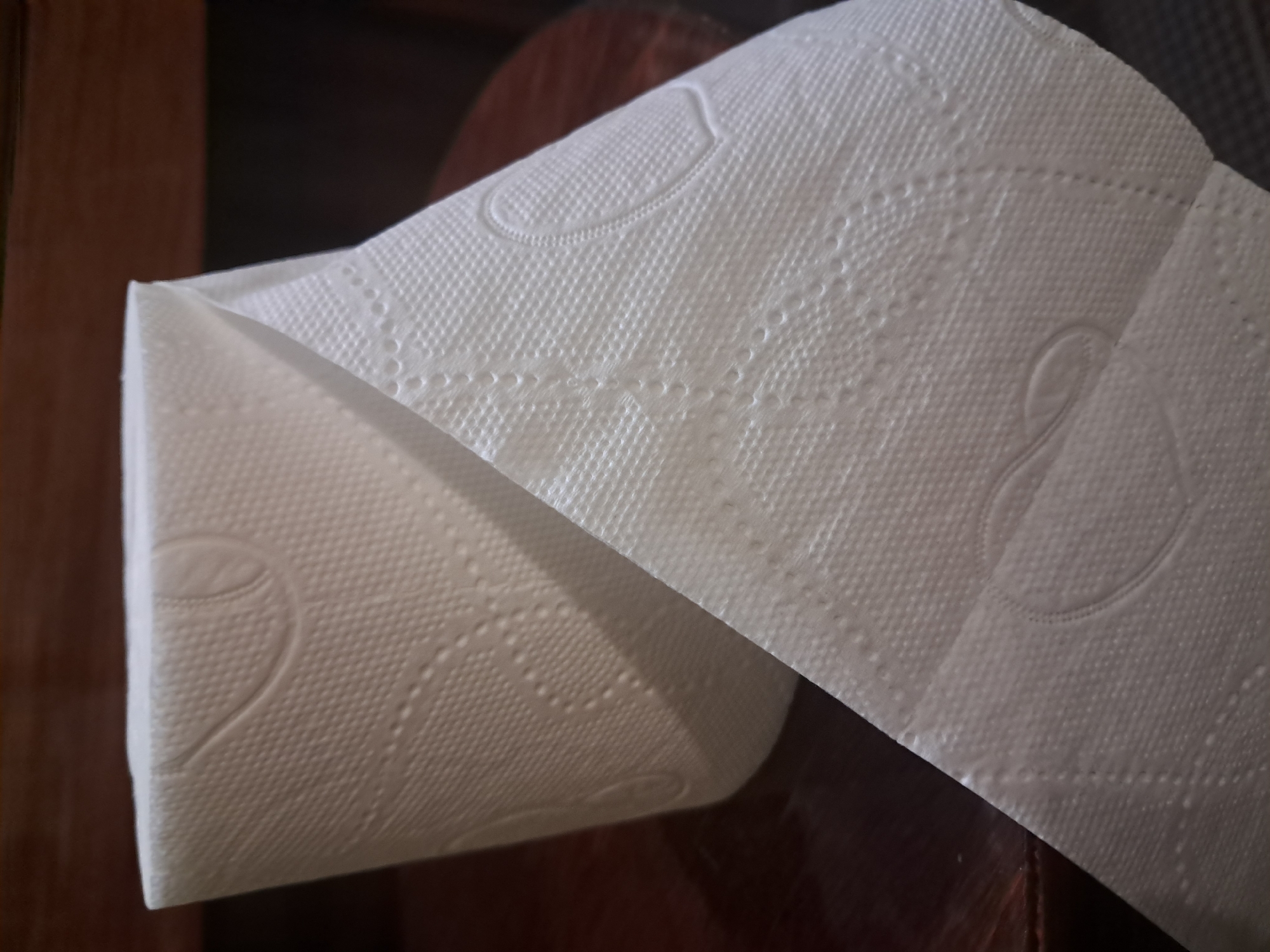 A close-up, high-angle shot shows a partially unrolled roll of white toilet paper. The toilet paper has a textured surface with a repeating pattern of small embossed circles and larger leaf-like shapes. The roll is positioned on a dark wooden surface, possibly a table or shelf, with a blurred background of dark wood grain. The lighting is natural, casting soft shadows that highlight the texture of the paper. No people or other objects are visible in the frame. The scene is static and appears to be indoors.