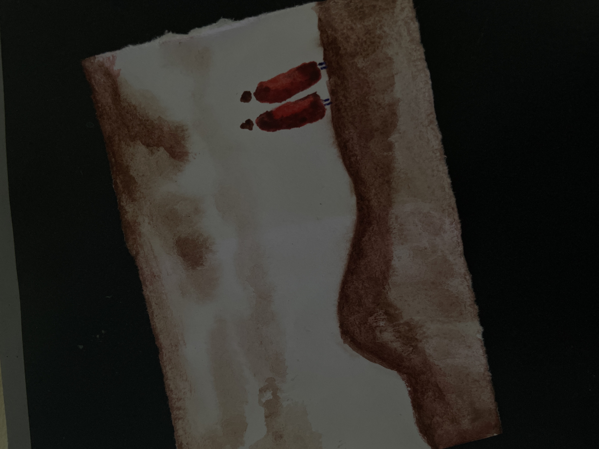 The image is a photograph of a watercolor painting. The painting depicts a minimalist landscape with a reddish-brown, undulating ground and a muted, cloudy sky. Two abstract figures, rendered in deep red with hints of blue at their feet, stand side-by-side on the elevated ground. Their forms are elongated and slightly tilted, suggesting movement or a gust of wind. The painting has a textured appearance, typical of watercolor on textured paper, with visible brushstrokes and bleeding of colors. The overall impression is one of simplicity and perhaps solitude. There is no information within the image to suggest a specific location in Minsk, Belarus.