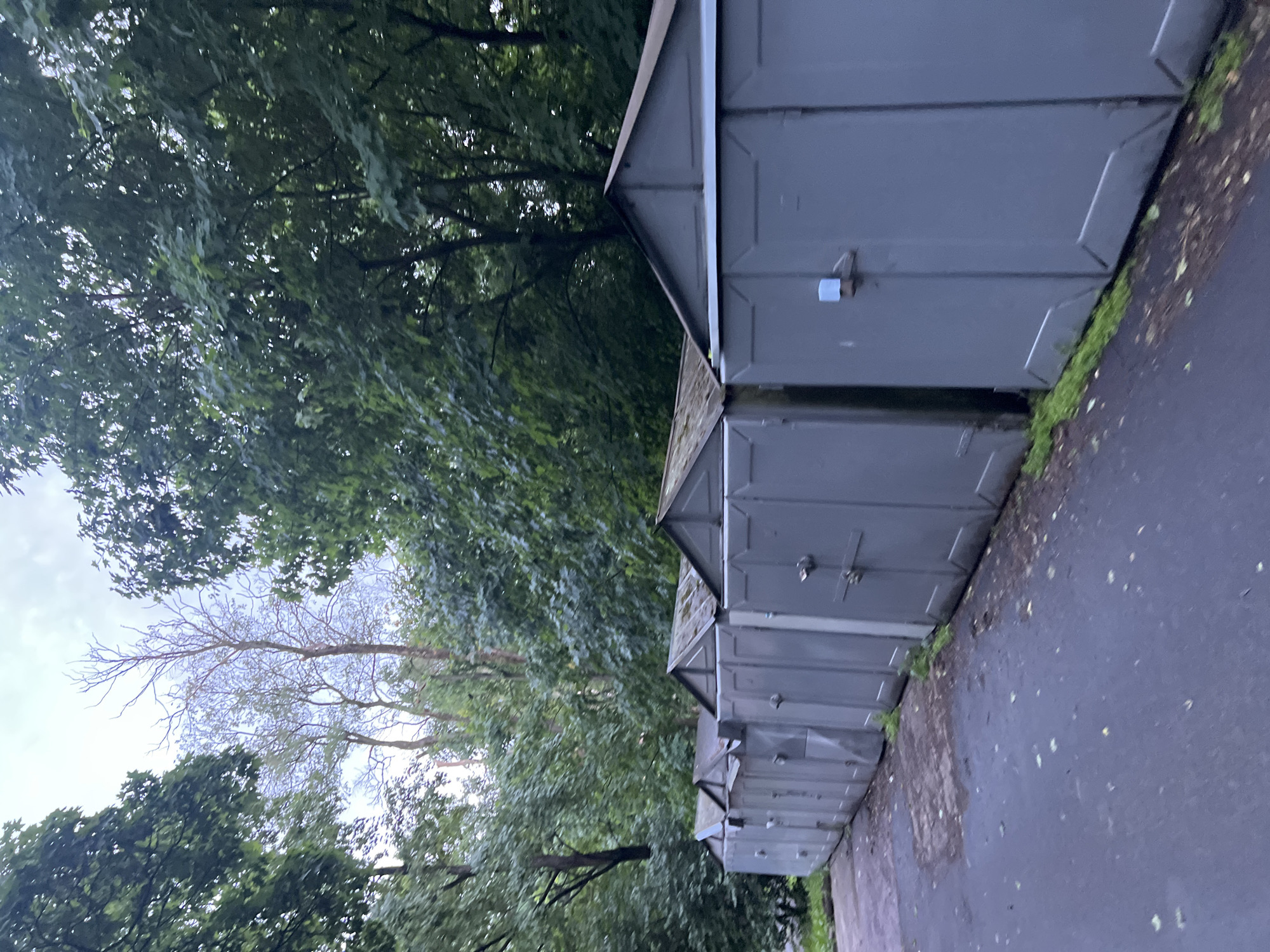 A row of grey metal garages with peaked roofs sits alongside a paved pathway. The garages are tightly packed together, and a few of them have visible locks. Green foliage, including trees and undergrowth, surrounds the garages and partially obstructs the view of the sky. The ground in front of the garages is wet and appears to be a road or walkway. The image was taken in Saint Petersburg, Russia, on a cloudy day.