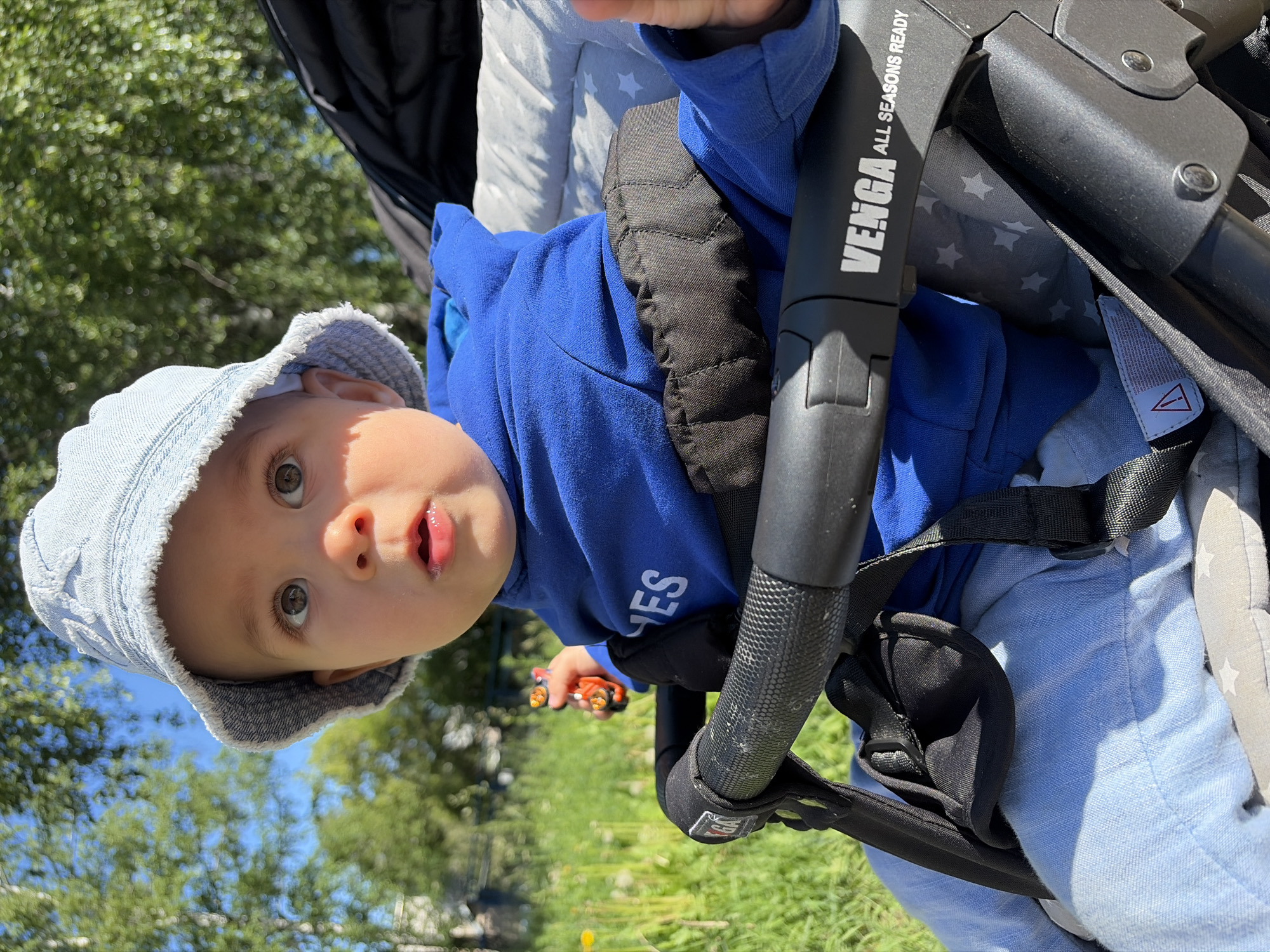 A baby wearing a light blue bucket hat and a blue hoodie is seated in a stroller. The baby has brown eyes and an open mouth. The stroller is black and grey with a grey seat that has white stars. The baby is holding a small orange toy. In the background, there are green trees and a blue sky. The text "VENGA ALL SEASONS READY" is visible on the stroller's handlebar. The scene appears to be outdoors, likely in a park or residential area in Chaikovsky, Russia, given the presence of trees and the time of year suggested by the bright sunlight and green foliage.