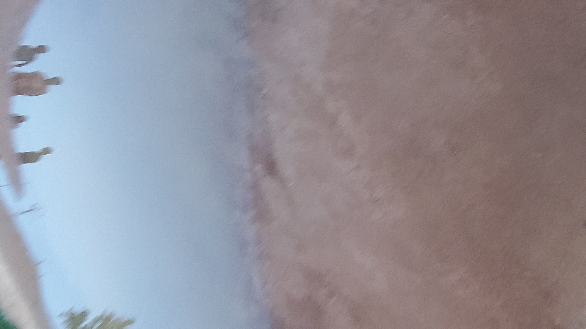 The image shows a reflection of four people standing in what appears to be a shallow puddle of water. The reflections are distorted due to the movement of the water. The background of the image is a blurred brown surface, possibly mud or dry earth. The top portion of the image shows a reflection of foliage on the left side. The overall lighting suggests it is daytime.
