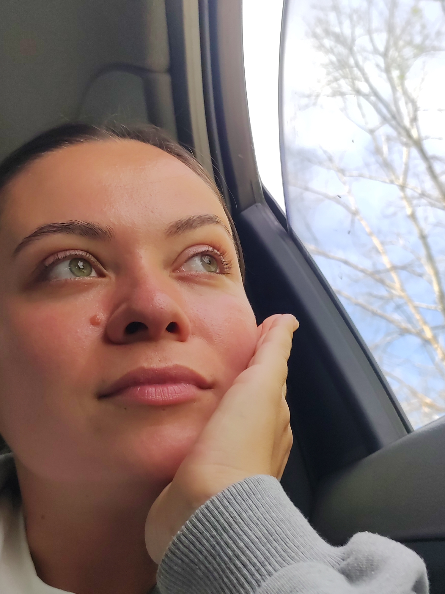 A young adult woman is captured in a close-up portrait, looking contemplatively out of a car window. Her head is turned slightly to her right, and her gaze is directed upwards and outwards, beyond the frame. Her left hand gently supports her chin and cheek, accentuating her thoughtful expression. She has light skin, green eyes, and her dark hair is pulled back, revealing her forehead. A small, raised mole is visible on her right cheek, below her eye. Her lips are a natural pink hue, and her brows are well-defined.
She is wearing a light gray, ribbed long-sleeved garment, possibly a sweater or hoodie, with a hint of a white collar or undershirt visible near her neck. The interior of the vehicle is visible as dark gray or black door and window frames, suggesting she is a passenger. Outside the window, bare tree branches are silhouetted against a bright, light blue sky, indicating either late autumn, winter, or early spring in Chaikovsky, Russia. The overall lighting suggests it is daytime. No text is visible in the image.