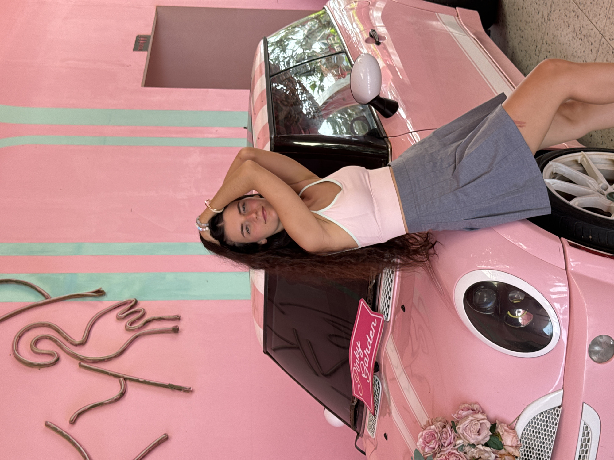 A young woman with long, dark, wavy hair poses against a pink Mini Cooper in what appears to be an outdoor setting with pink and light green striped walls. She is wearing a light pink crop top with a mint green trim and a grey pleated skirt. Her hands are raised and resting on her head. A pink sign on the car's hood reads "Pinky Garden." The car is adorned with a bouquet of pink roses on its front fender. The background shows a pink wall with a metallic wire sculpture of a flamingo and other abstract shapes. A door with a sign is visible on the far right. The overall impression is a whimsical and colorful environment. The location is identified as Tien Thanh Ward, Vietnam.