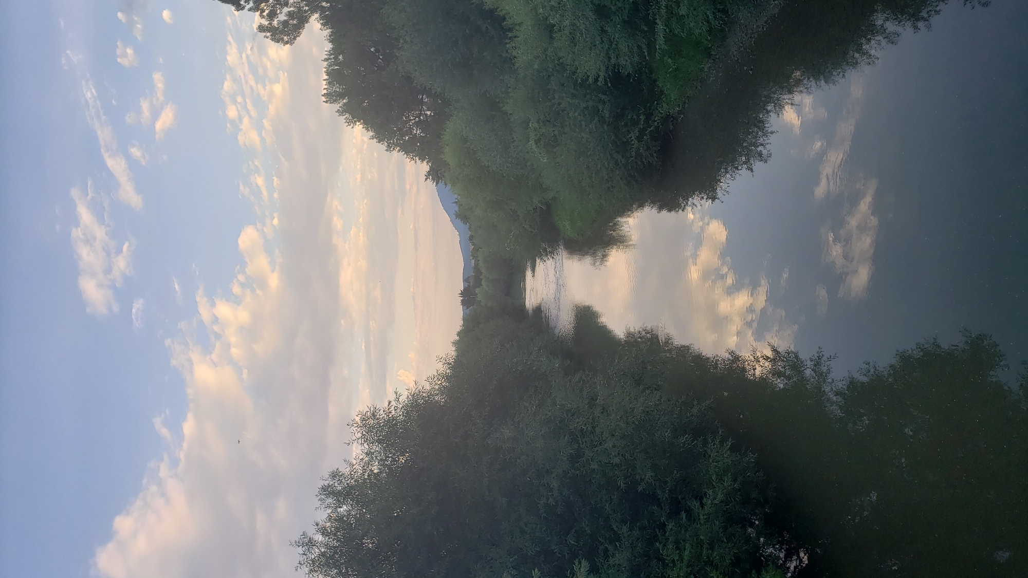 A vertical, full-frame photograph captures a serene river winding through a lush green landscape under a softly clouded sky. The river, appearing dark and calm, mirrors the pastel hues of the sky and scattered white clouds, creating a tranquil reflection. Dense foliage lines both banks of the river, with the trees on the left appearing closer and more detailed, while those on the right recede into the distance. In the background, a gentle mountain range is visible, partially obscured by the trees and the atmospheric haze. The overall mood of the image is peaceful and natural, suggesting an undeveloped or natural area. The specific location is identified as the river Hornád in Prešov, Slovakia, a scene likely captured from a bridge or elevated vantage point.