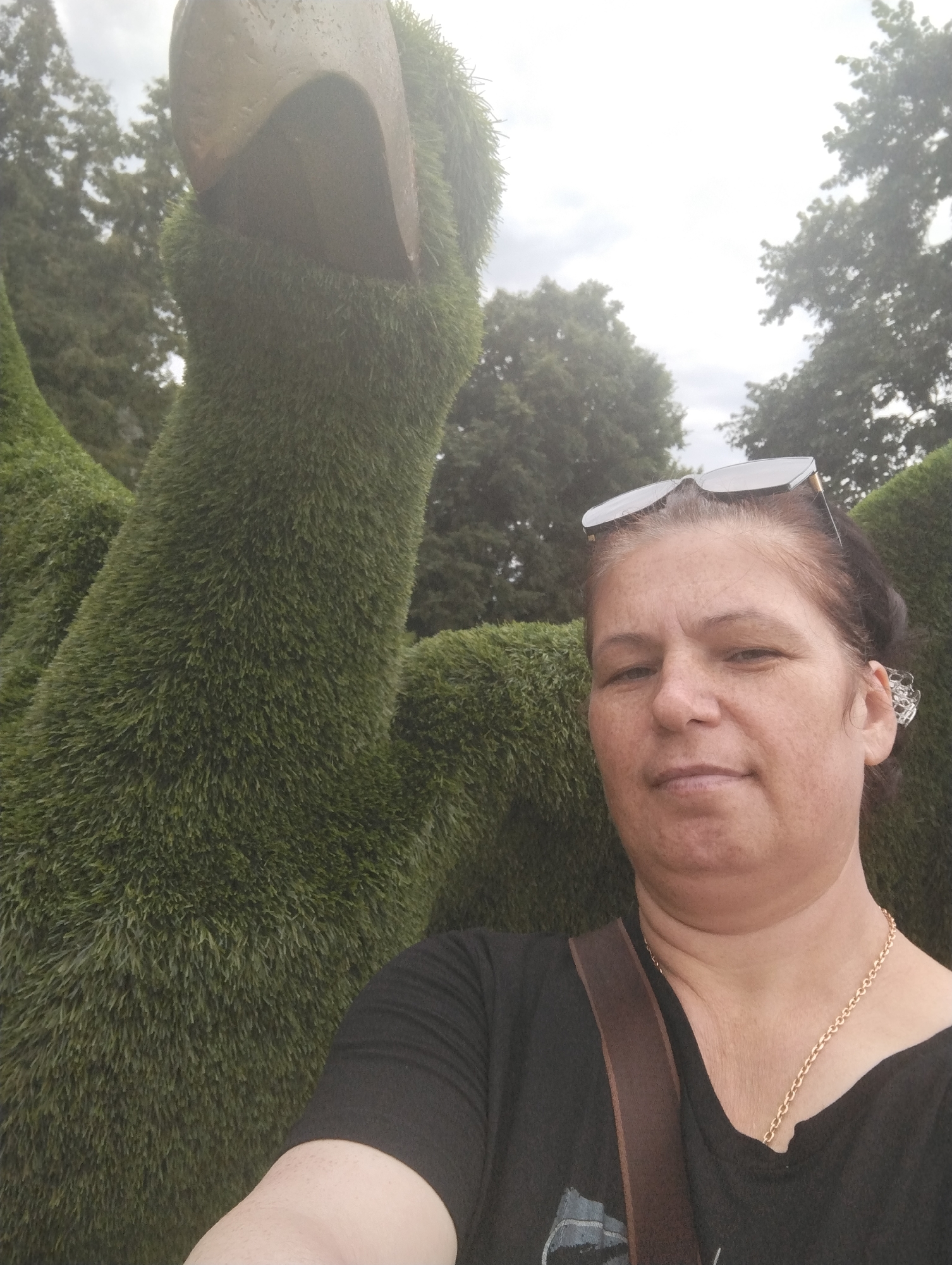 A woman with brown hair pulled back and sunglasses on her head takes a selfie outdoors. She is wearing a black shirt and a gold chain necklace. Behind her is a large, green, topiary sculpture that resembles a bird. The sculpture is made of artificial grass. Trees and a cloudy sky are visible in the background. The location is unknown.