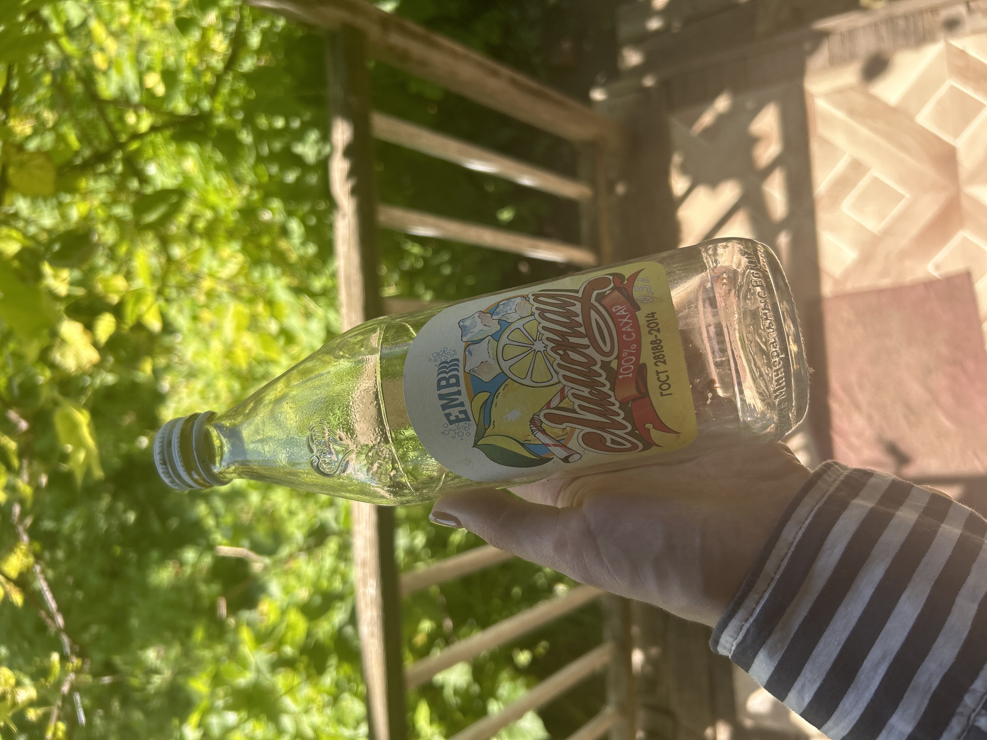 A person's hand, wearing a grey and white striped shirt sleeve, holds a glass bottle of "Lemonade" flavored drink. The bottle has a yellow label featuring a drawing of lemons, ice cubes, and a straw, along with text in Russian indicating "EMBB", "100% SAHAR" (100% Sugar), and "GOST 28188-2014 0.5L". The background consists of blurred green foliage, suggestive of an outdoor setting with natural light filtering through. The scene appears to be in Zvonarevka, Russia.