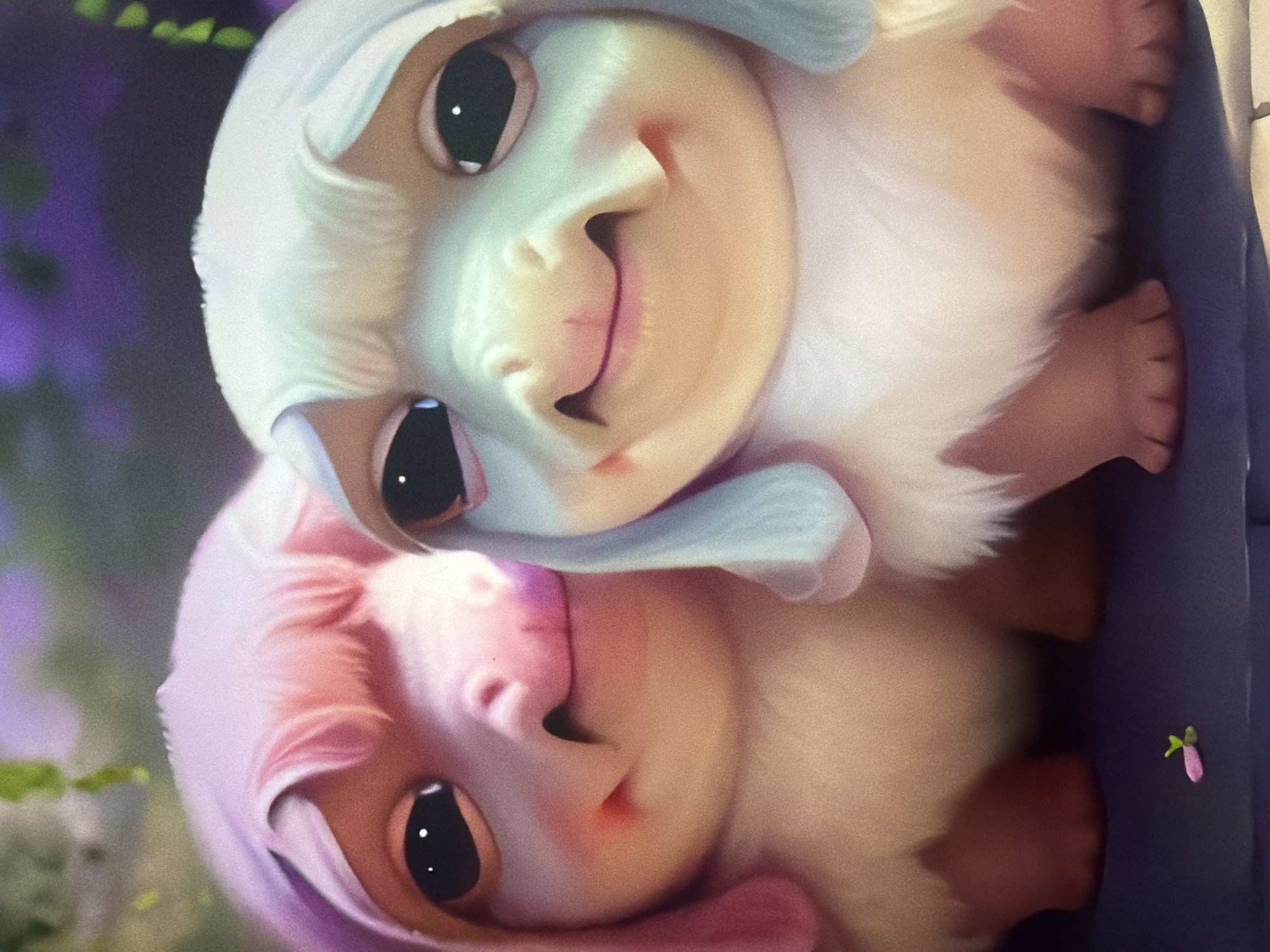 The image is a close-up, stylized digital illustration of two fantasy creatures. The creature on the left has pink fur and a pink hood-like covering, while the creature on the right has white fur and a pale blue hood-like covering. Both creatures have large, dark eyes, small noses, and smiling mouths. They are positioned side-by-side and appear to be looking forward. The background is blurred with soft colors, suggesting an outdoor, possibly natural, setting. There is a small, pink flower with green leaves on the ground in the foreground, to the left of the creatures. The overall tone of the image is whimsical and gentle. The location in the city of Kyiv, Ukraine, cannot be determined from this image.