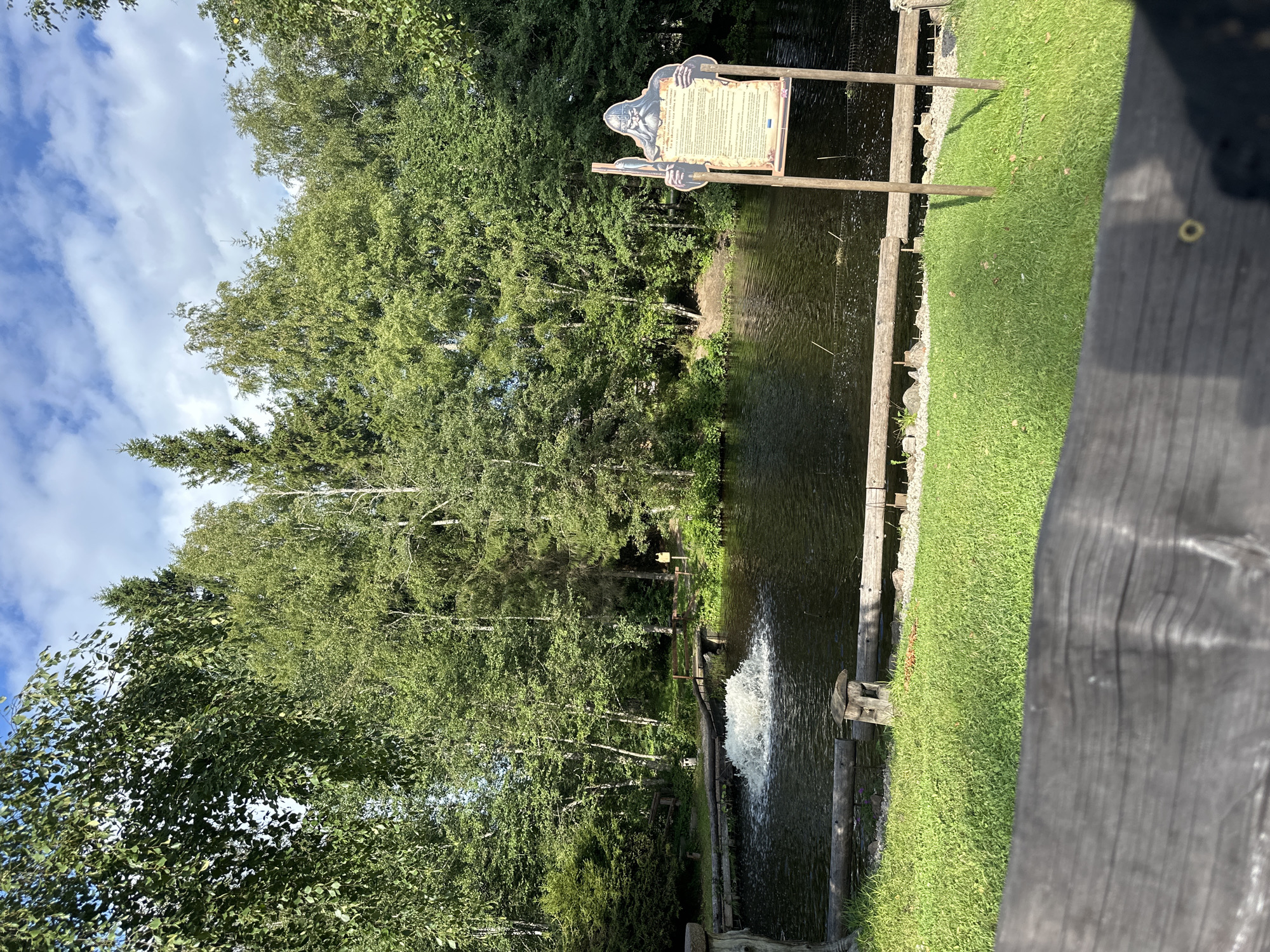 The image depicts a serene natural setting, likely a park or recreational area, located in the vicinity of Saula, Estonia. The scene is dominated by a dark body of water, possibly a pond or small lake, situated amidst a lush backdrop of dense green trees. In the foreground, a neatly manicured lawn adds to the tranquil atmosphere.
Several man-made elements are present, suggesting a well-maintained public space. A wooden fence runs along the edge of the water, partially obscured by the lawn. In the water, a fountain or aerator is actively creating a white, frothy spray, indicating aeration or perhaps a decorative water feature. A wooden boardwalk or bridge extends over the water, leading into the wooded area.
To the right of the pond, a distinctive wooden signpost stands, featuring a cut-out silhouette of a figure, possibly a historical or mythical character, in medieval attire. Attached to the signpost is a large informational plaque with text and graphics, presumably providing details about the location or its history. Two wooden posts support the sign.
The sky above is partly cloudy, with fluffy white clouds scattered across a blue expanse, suggesting fair weather. The overall impression is one of natural beauty enhanced by thoughtful human intervention for public enjoyment.