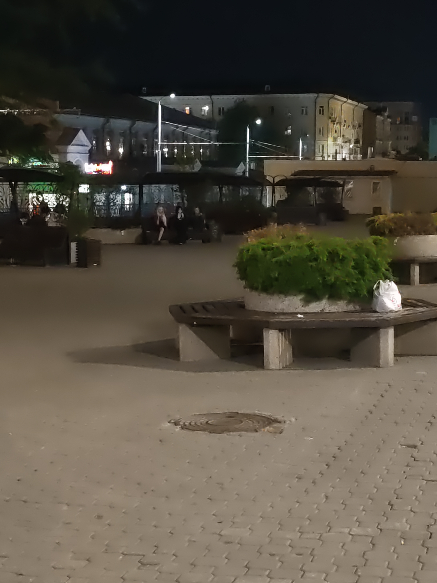 The image depicts an outdoor scene at night in Rostov-on-Don, Russia. In the background, several multi-story buildings are illuminated, some with visible windows. In the mid-ground, there are covered seating areas with decorative metalwork, and several people are seated at tables. A bright red sign with white lettering is visible on one of the buildings. In the foreground, there is a large, circular planter with dense green foliage, surrounded by a wooden bench. A white plastic bag rests on the bench. The ground is paved with interlocking gray bricks, and a manhole cover is visible. The overall lighting suggests nighttime, with artificial lights illuminating the scene.