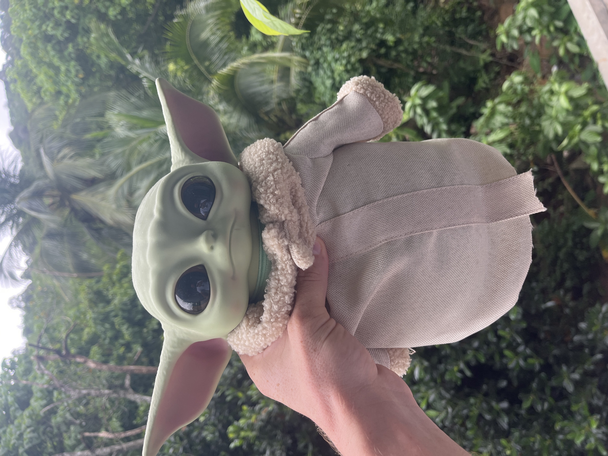 A hand is holding a Grogu plush toy, also known as Baby Yoda, in front of a blurred background of lush green foliage and palm trees. The Grogu toy is light green with large, dark eyes and is wearing a light brown robe with a fuzzy cream-colored collar. The hand holding the toy is light-skinned with visible veins and some fine hairs. The background suggests an outdoor, tropical environment. It is not possible to determine the specific location within Rawai, Thailand from the image alone.