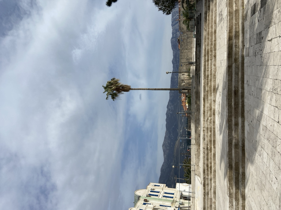 The image displays an outdoor urban environment in Unknown, Unknown, under a partially cloudy sky during daylight hours. The foreground consists of a light-colored paved plaza, showing distinct shadows, which transitions into a set of approximately five wide, shallow, light-toned stone steps ascending towards the midground. Centrally positioned in the midground is a tall, slender palm tree with a compact, shaggy crown of fronds. To the left, a multi-story building with light-colored walls, multiple blue-shuttered windows, and a visible air conditioning unit is present. A dark lamppost stands to the right of the palm tree. A temporary metal barrier, consistent with construction fencing, extends horizontally behind the steps, separating them from a lower, aged stone wall. Beyond this wall, red-tiled rooftops of additional structures are visible. The background is dominated by a dark, rugged mountain range under the partially overcast sky. No individuals, actions, or direct interactions are discernible within the frame.