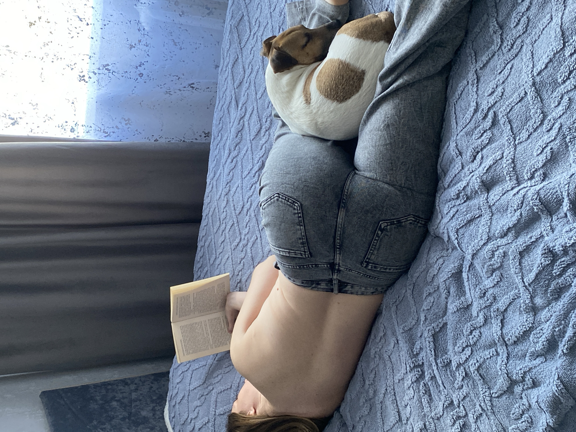 A person is lying on a blue textured bed with a dog curled up on their stomach, reading a book. The person is wearing grey jeans and a grey top. The background includes a window with sheer curtains. The location is not discernible from the image.