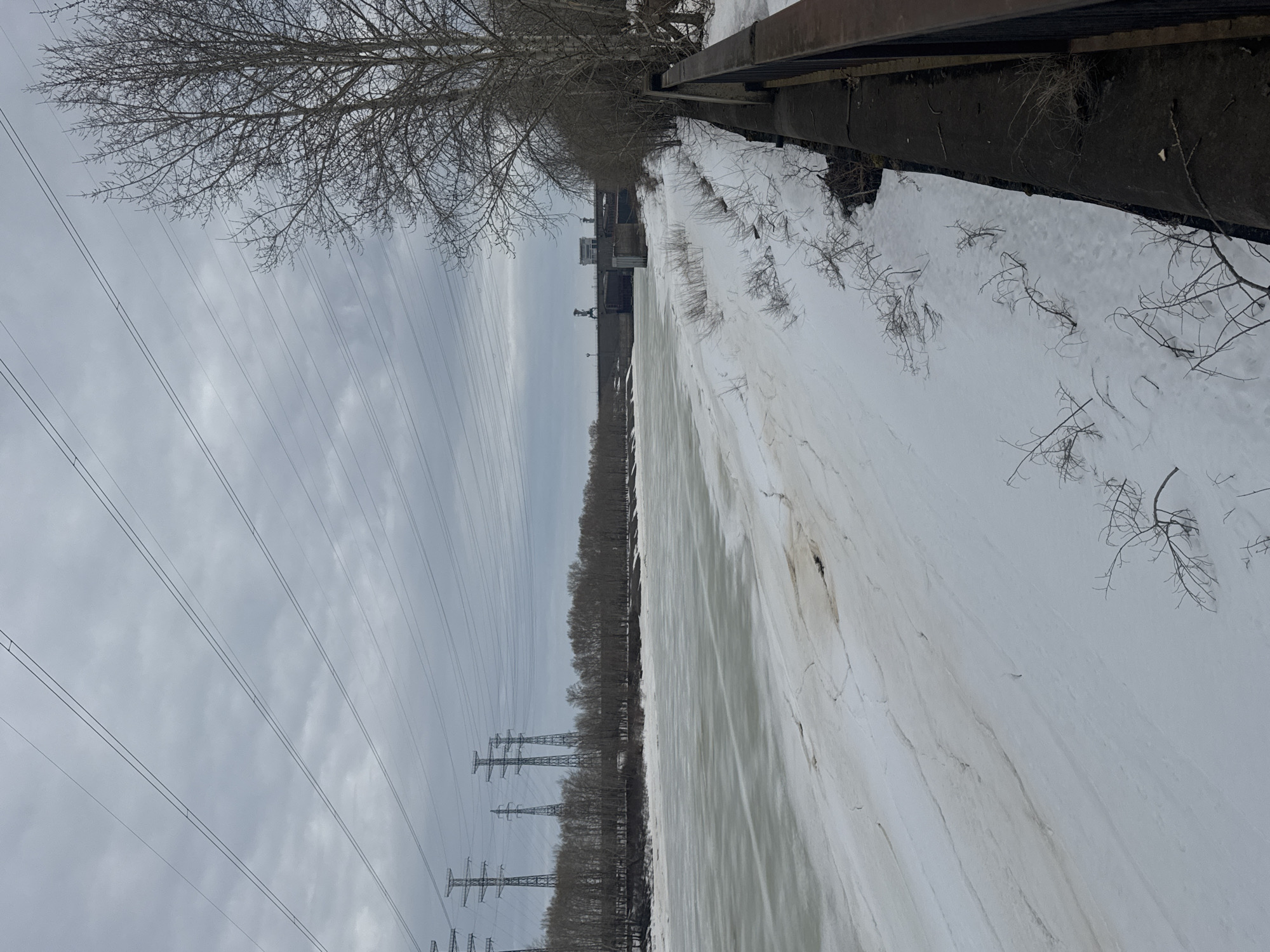 The image shows a frozen riverbank in Chaikovsky, Russia on an overcast day. A concrete embankment runs along the right side of the frame, covered in snow and sparse, bare branches. Beyond the embankment, a wide expanse of frozen river stretches to the horizon. In the distance, a hydroelectric power plant is visible. Along the left side of the river are rows of trees. Above the trees, electrical transmission towers and power lines run parallel to the river. The sky is uniformly gray with clouds.