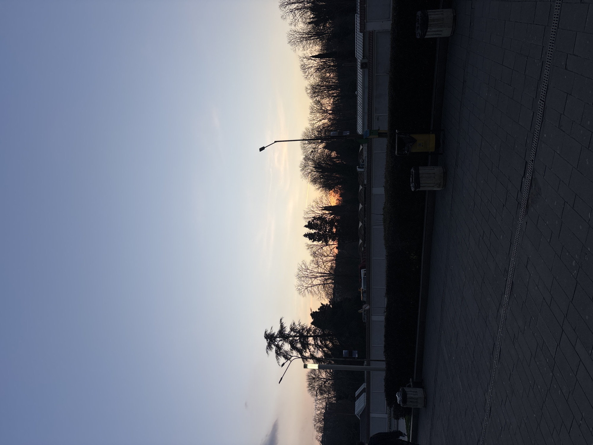 The image depicts an outdoor scene at sunset. The sky transitions from a light blue to orange near the horizon, where a row of trees is silhouetted. A lamppost stands along a walkway. Buildings border the path with hedges in front. The walkway is paved with dark gray bricks and a drainage grate runs along its length. The perspective is angled. Given the architecture and typical vegetation, this appears to be a street scene in an urban environment. Exact location is not possible to determine. There are no people visible in the picture, so information about interactions is not available.