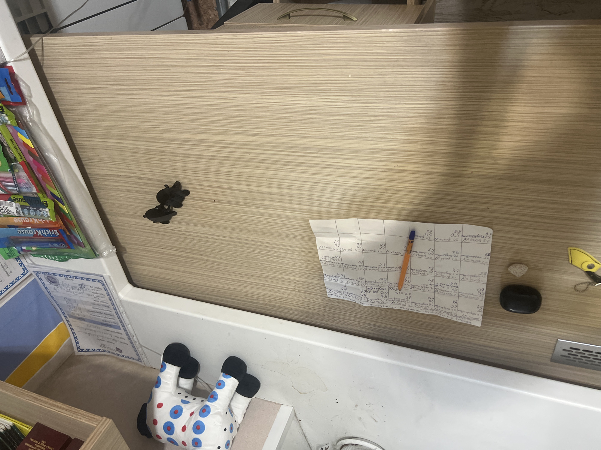 The image shows a vertical view of a cluttered surface. In the upper left corner, a white and blue polka dot stuffed animal is visible, lying on a white surface. To the right of the stuffed animal, on a wooden surface, are two small black clip-on figurines, possibly decorative. Below the figurines, a piece of paper with a grid and handwritten text is laid out, with an orange pen resting on it. In the foreground, near the bottom center of the image, a black oval-shaped object and a small light-colored stone are visible on the wooden surface. To the right of these objects, part of a silver grate is visible. The background consists of a light-colored wooden surface with vertical grain, likely a cabinet or desk. Above the wooden surface, a bundle of colorful pens or markers is partially visible, wrapped in plastic. There are also some documents and a yellow object that could be a keychain on the shelf above. The lighting suggests an indoor environment.