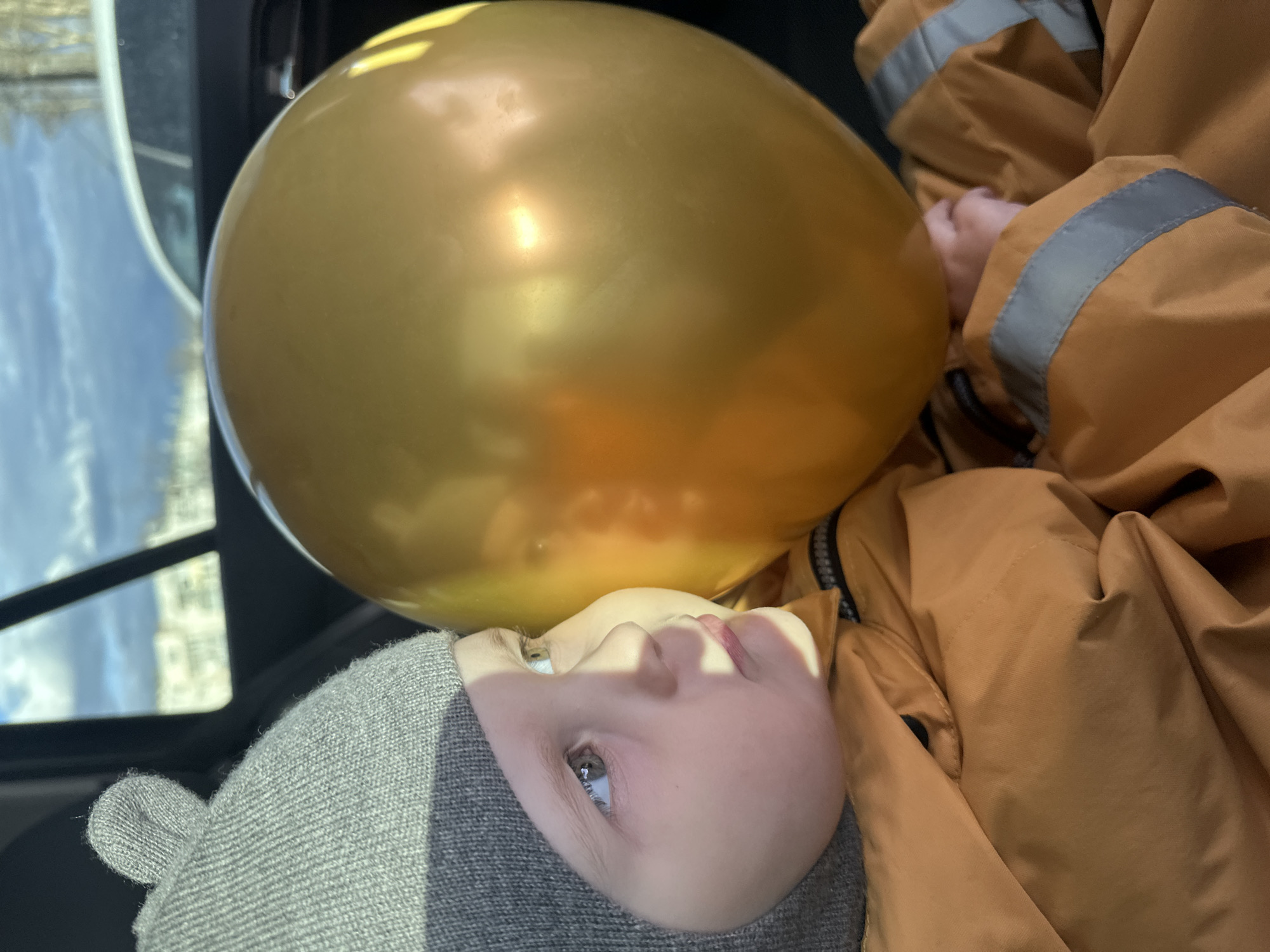 This image, captured in Chaikovsky, Russia, features a young child lying down, gazing upwards at a large, prominent golden balloon. The child, likely a baby or toddler, is wearing a light grey knitted hat with small ear-like protrusions, and an orange or tan-colored jacket. The jacket has distinct grey reflective strips on the sleeves, visible on the child's arms and shoulders. Their face is smooth and fair-skinned, with light-colored eyes focused intently on the balloon above.
The shiny golden balloon occupies a significant portion of the frame, floating above the child. Its surface reflects bright light, indicating a daytime setting. Minor blemishes or marks are visible on the balloon's surface. In the background, through what appears to be a vehicle window, reflections of a blue sky and distant buildings or structures are discernible, suggesting the scene takes place inside a car or similar conveyance. The overall impression is one of peaceful observation, with the child seemingly captivated by the floating balloon. No text is visible in the image.
