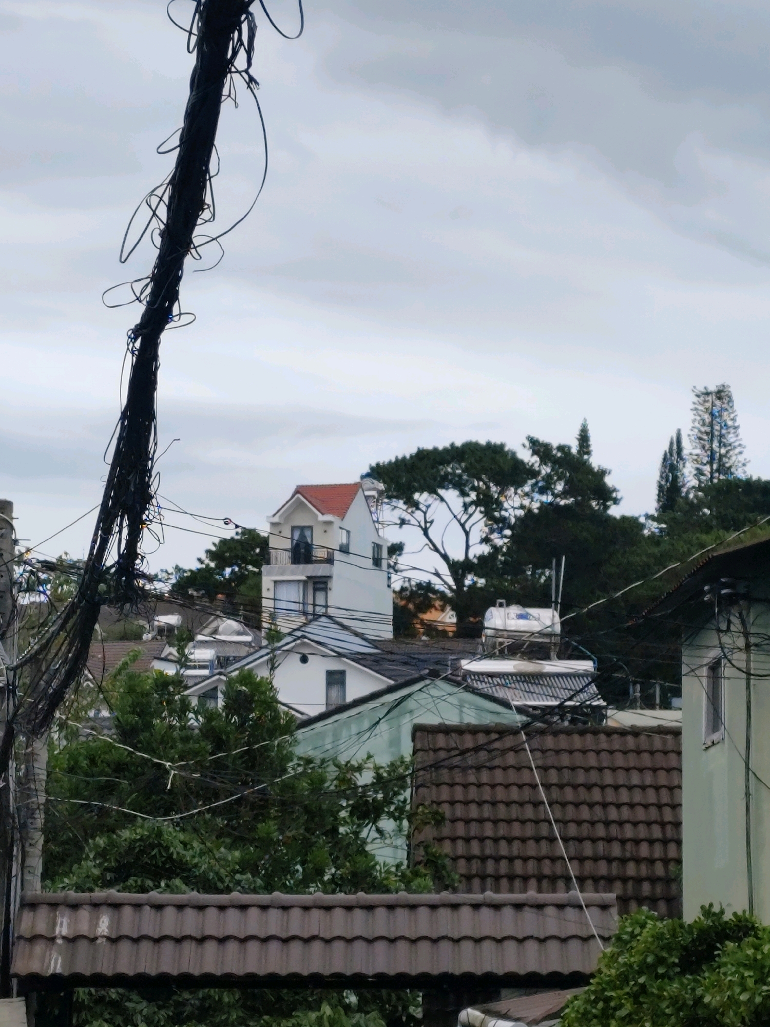 The image captures a view of rooftops and houses in Da Lat, Vietnam, under an overcast sky. In the foreground, a thick bundle of tangled black electrical wires hangs prominently, obscuring part of the view. Behind the wires, several rooftops are visible, constructed with dark, curved tiles. A multi-story white building with a red-tiled roof and a balcony stands out among the others. Trees with dense green foliage are scattered throughout the scene, interspersed with the buildings. In the background, tall evergreen trees and what appear to be communication towers are visible against the cloudy sky. The overall impression is of an urban residential area with a significant amount of overhead electrical infrastructure.