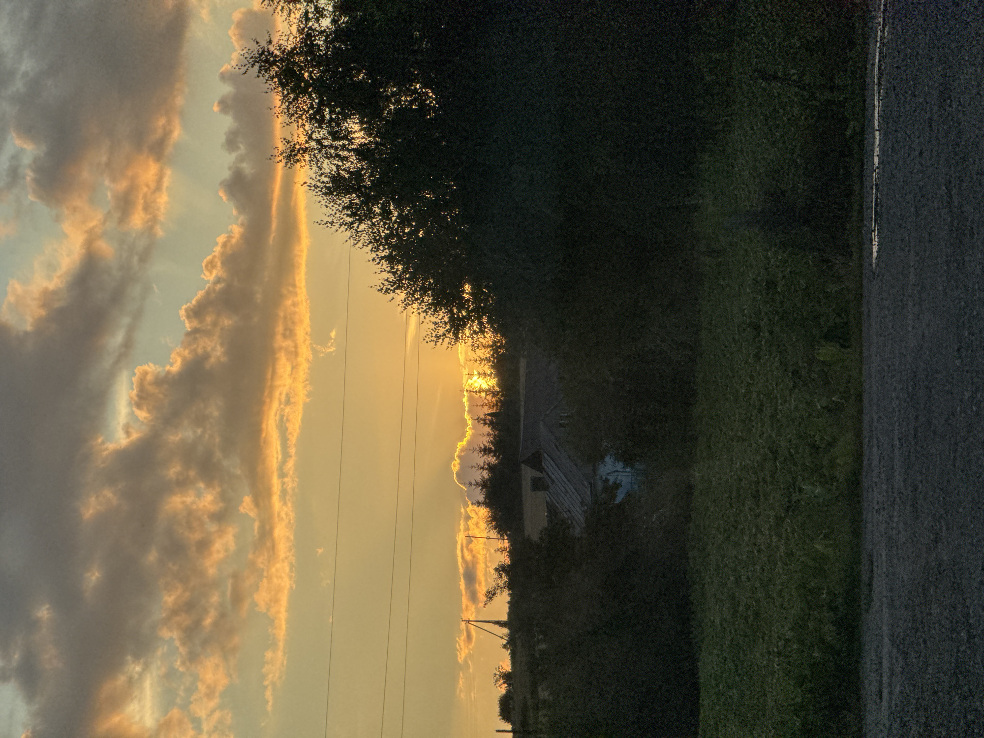 A rural scene unfolds at sunset, with the sky painted in hues of orange and yellow, illuminated by the setting sun peeking through clouds. In the middle ground, a cluster of trees, some appearing to be birch trees due to their light bark and feathery leaves, are silhouetted against the bright sky. Among the trees, the roof of a building, possibly a house, is visible, with a glimpse of a lighter colored wall below. The foreground features a dark green, possibly cultivated, field of crops. A gravel path or road occupies the very bottom of the image, with a small puddle or wet patch reflecting the dim light. The setting is the village of Naraiv, Ukraine.