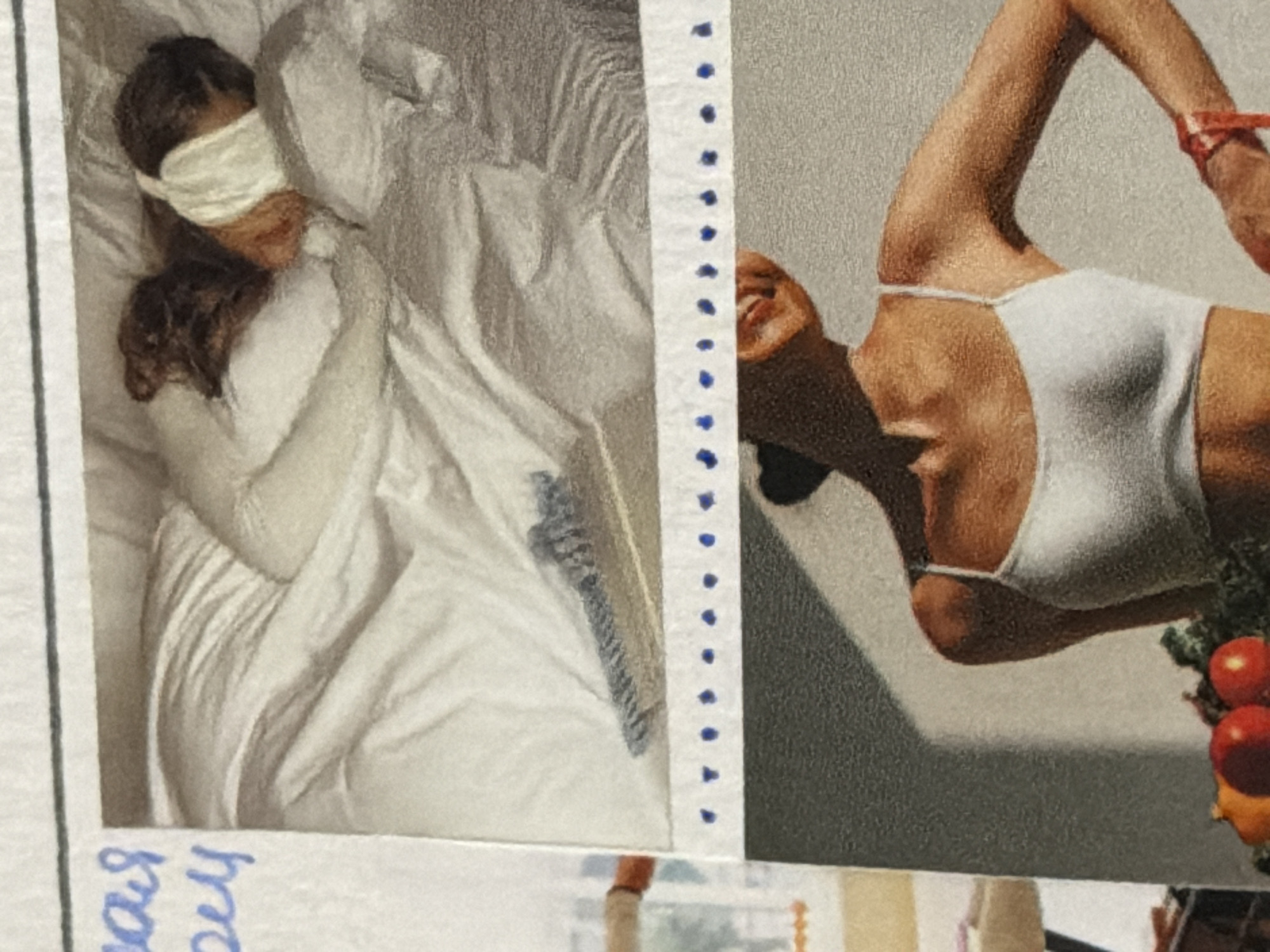 The image shows two adjacent magazine cutouts pasted on a surface. On the left, a woman with long brown hair is depicted lying in a bed covered in white sheets. She is wearing a white blindfold. On the right, a woman with dark hair, wearing a white tank top, is depicted in an upside down position.
There is no indication that the picture was taken in Moscow, Russia.
