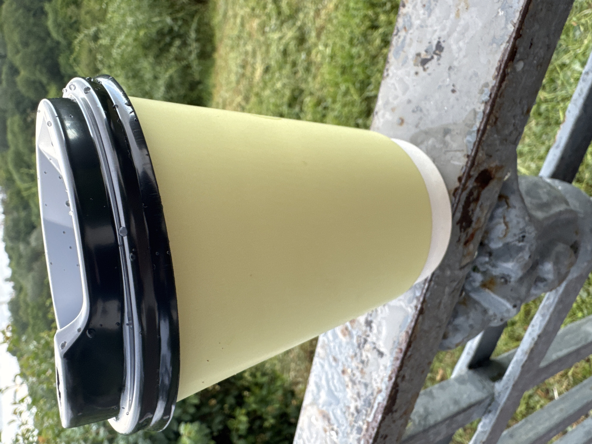 A close-up shot presents a yellow, cylindrical object perched atop a weathered, metal railing. The object features a black rim around its top and a white edge at the rear. The metal railing is painted gray and exhibits signs of rust and age. In the background, a blurred expanse of green vegetation is visible, suggesting an outdoor setting. The location is in the city of Unknown, Unknown.
