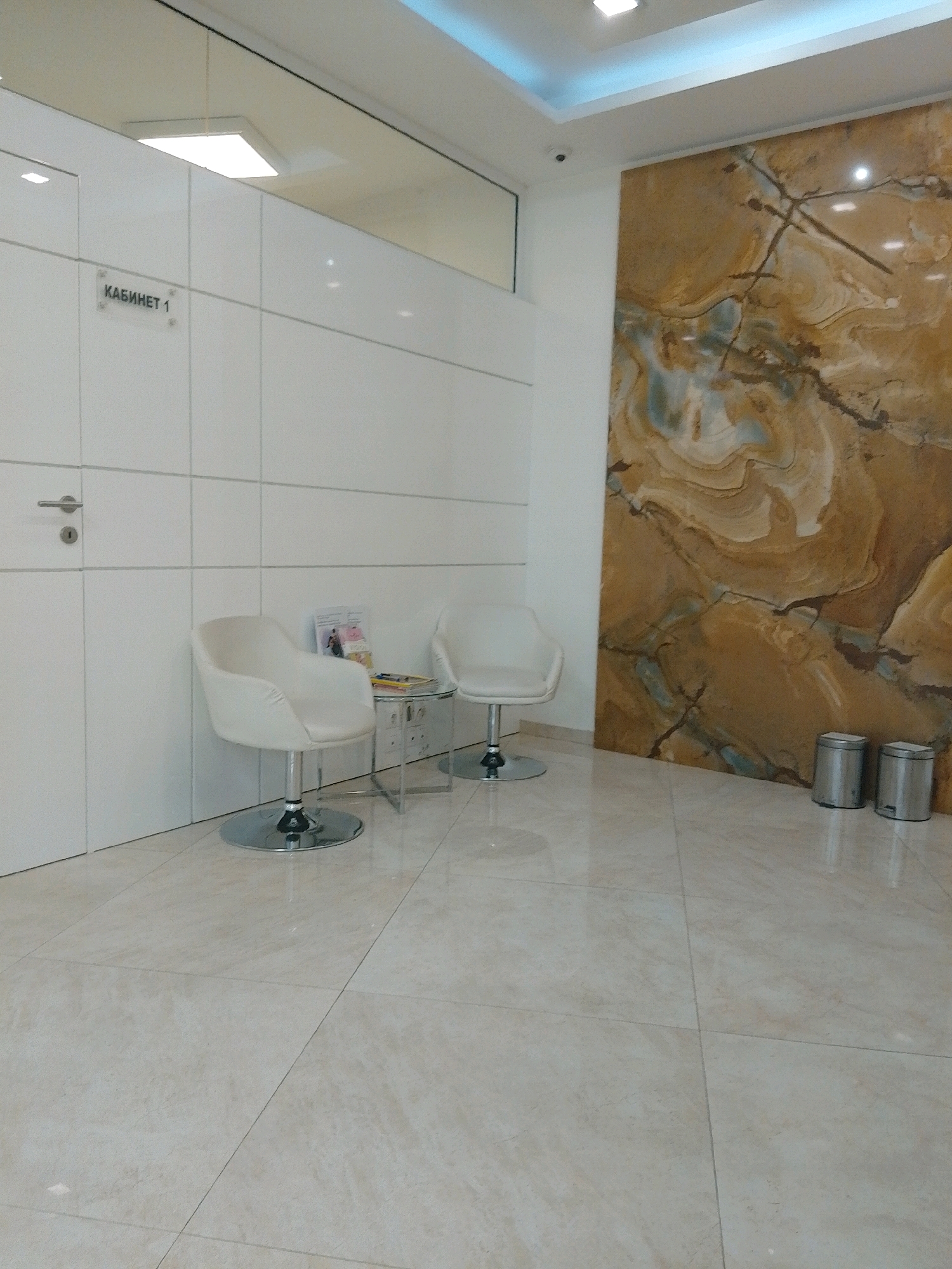 The image shows an interior scene, likely a waiting area, with a distinctive wall feature. The walls on the left are white and tiled, with a sign that reads "КАБИНЕТ 1" (Cabinet 1) in Russian. A silver door handle is visible on the left. Two white, modern armchairs are positioned in front of the tiled wall. A small, glass-topped side table with magazines rests between the chairs.
The right side of the image is dominated by a large, textured wall panel with swirling patterns in shades of brown, gold, and blue, resembling natural stone or marble. Two cylindrical metal trash cans are placed in front of this panel. The floor is tiled in large, light-colored squares. The lighting appears to be from recessed ceiling fixtures, one of which is visible in the upper part of the image. The overall impression is one of a clean, contemporary space.
There is no specific information in the image that allows for the identification of a location in the city of Sofia, Bulgaria.