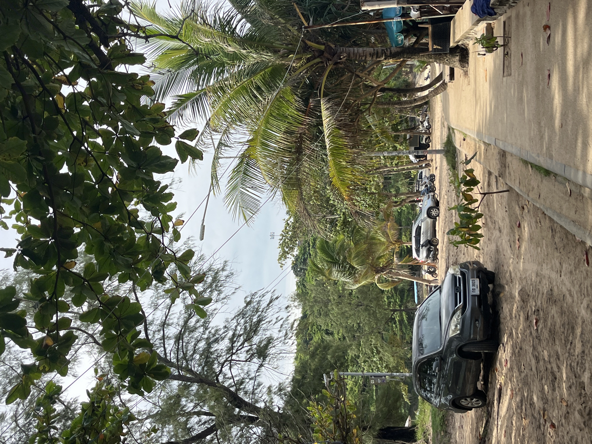 This image depicts a sandy beachside area in Rawai, Thailand. A dark gray SUV, possibly a Honda CR-V, is parked on the sand in the foreground. To the right of the SUV, a paved walkway runs alongside the beach, lined with palm trees and vegetation. In the background, several motorcycles are parked near a light-colored vehicle. Further back, a dense green forest covers the landscape. The sky is overcast, suggesting a cloudy day.