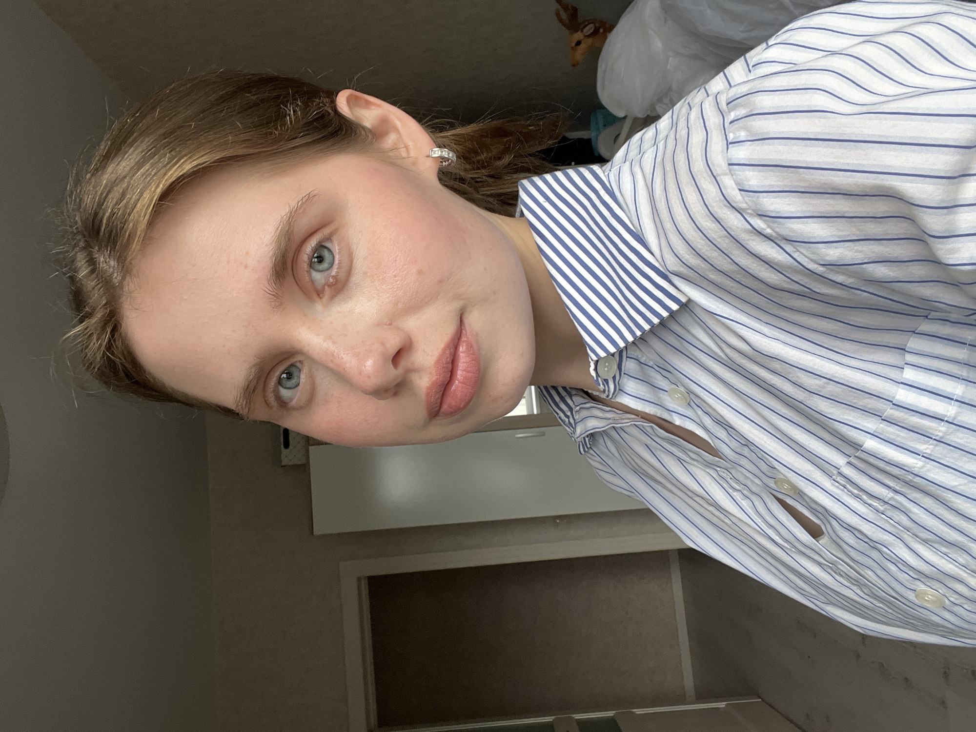 The scene is set indoors, in a residential room located in Chaikovsky, Russia. A young adult female, appearing to be in her late teens or early twenties, is positioned in a headshot and upper torso framing, looking directly at the camera. Her light brown hair is pulled back, with some lighter strands and wisps visible around her forehead and temples. Her skin is fair with visible pores, faint freckles across the nose and cheeks, and a natural flush on her cheekbones. She has light blue eyes, defined but light-colored eyebrows, and naturally full lips tinted with a light pink or nude shade. A small, silver-toned hoop earring with several small, rectangular inset stones is visible in her right ear.
She is wearing a collared button-down shirt featuring vertical stripes in white, blue, and light grey. The top two buttons of the shirt are unfastened, revealing a slight opening at the neckline. The fabric appears loosely fitted and slightly wrinkled.
To the left of the subject, a partially open interior door with a light-colored frame is visible, leading into a darker, indistinct room or hallway. Behind the subject's left shoulder, a tall, plain light grey or white cabinet or wardrobe stands against the wall. To the right of the subject's head and shoulder, a darker wall section is visible. Below this, behind her right shoulder, a small, light brown, deer-like decorative figurine with visible antlers is perched on a surface, partially obscured by crumpled white fabric or plastic bags. The ceiling is visible in the upper left corner of the frame. The room is illuminated by soft, indirect light, likely daylight, casting subtle shadows and highlighting the subject's face. The overall ambiance is casual and domestic. The subject is engaging directly with the camera for a self-portrait.