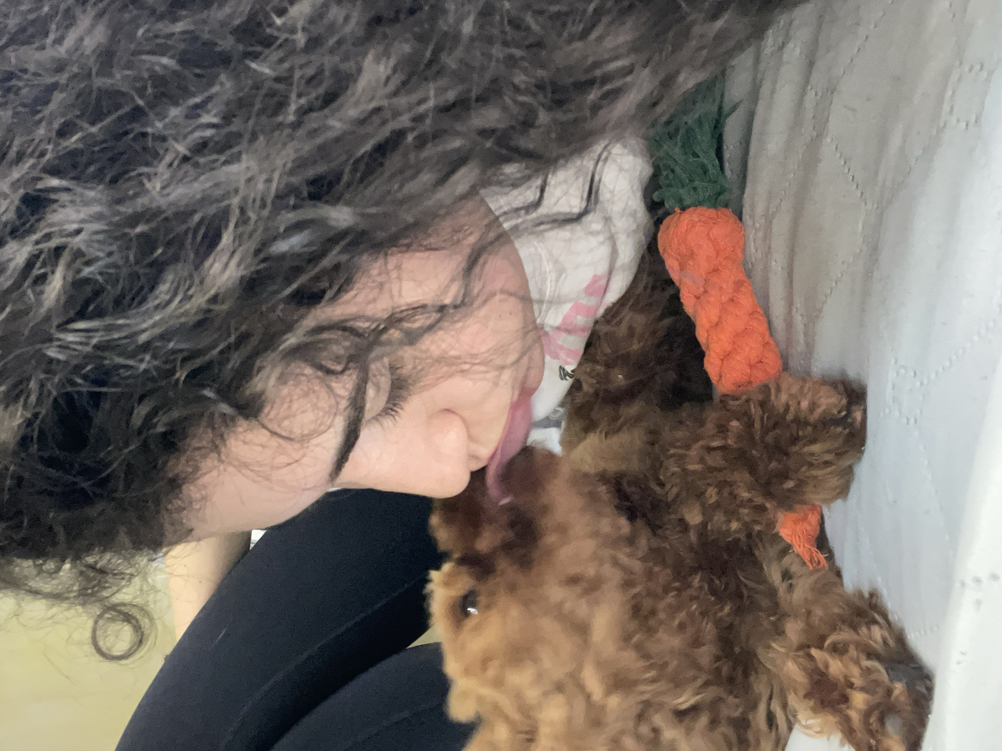 A person with dark curly hair and black pants is interacting with a brown poodle on a white patterned surface, possibly a bed. The person is leaning down, with their tongue extended towards the dog's face. The dog is close to the person. Next to the dog is a woven orange carrot-shaped toy with green leafy tops. The image does not provide any information about the location in Sofia, Bulgaria.