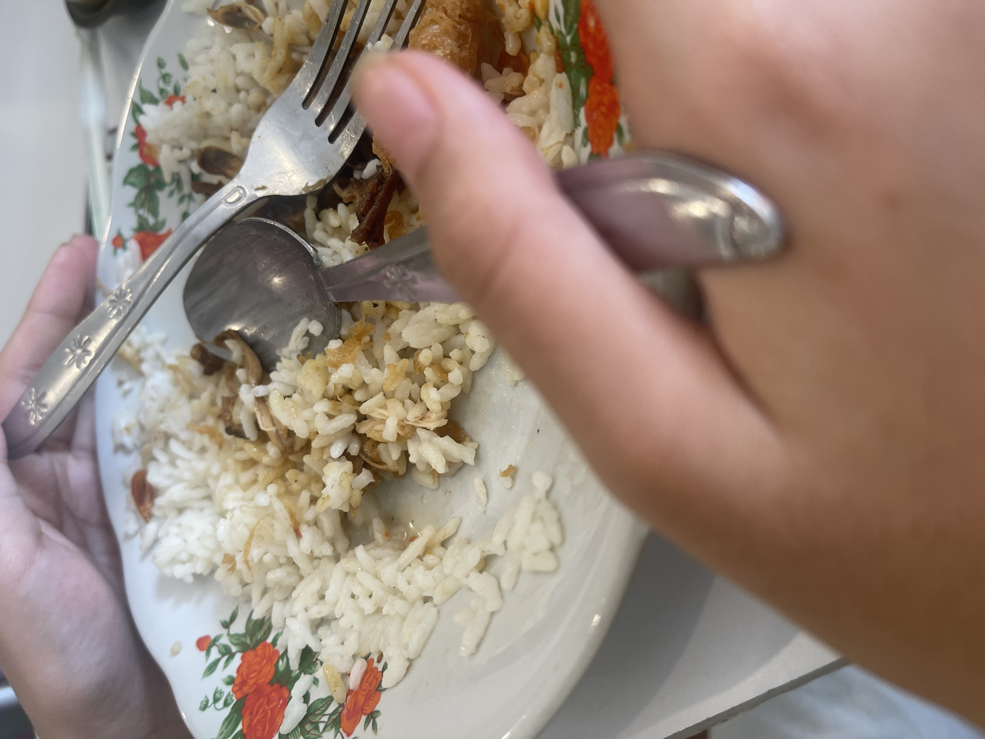 In Medang, Indonesia, a close-up shot captures a partially eaten plate of white rice with visible pieces of meat and fried onions. A fork and spoon rest on the plate, partially obscured by hands, suggesting a meal in progress. The plate itself has a floral pattern with red and green accents. The lighting is bright, indicating an indoor setting with natural light.